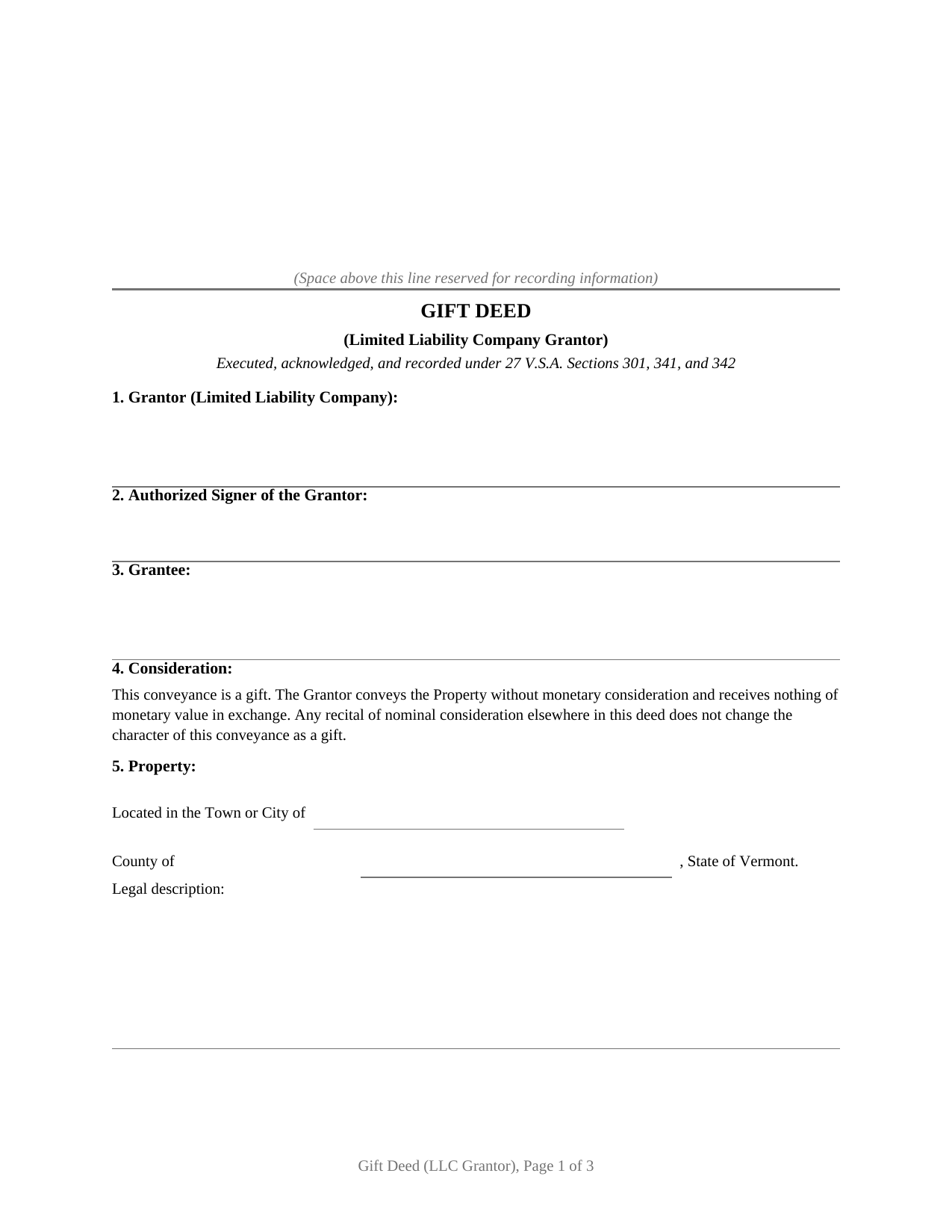Caledonia County Gift Deed (LLC Grantor) Form