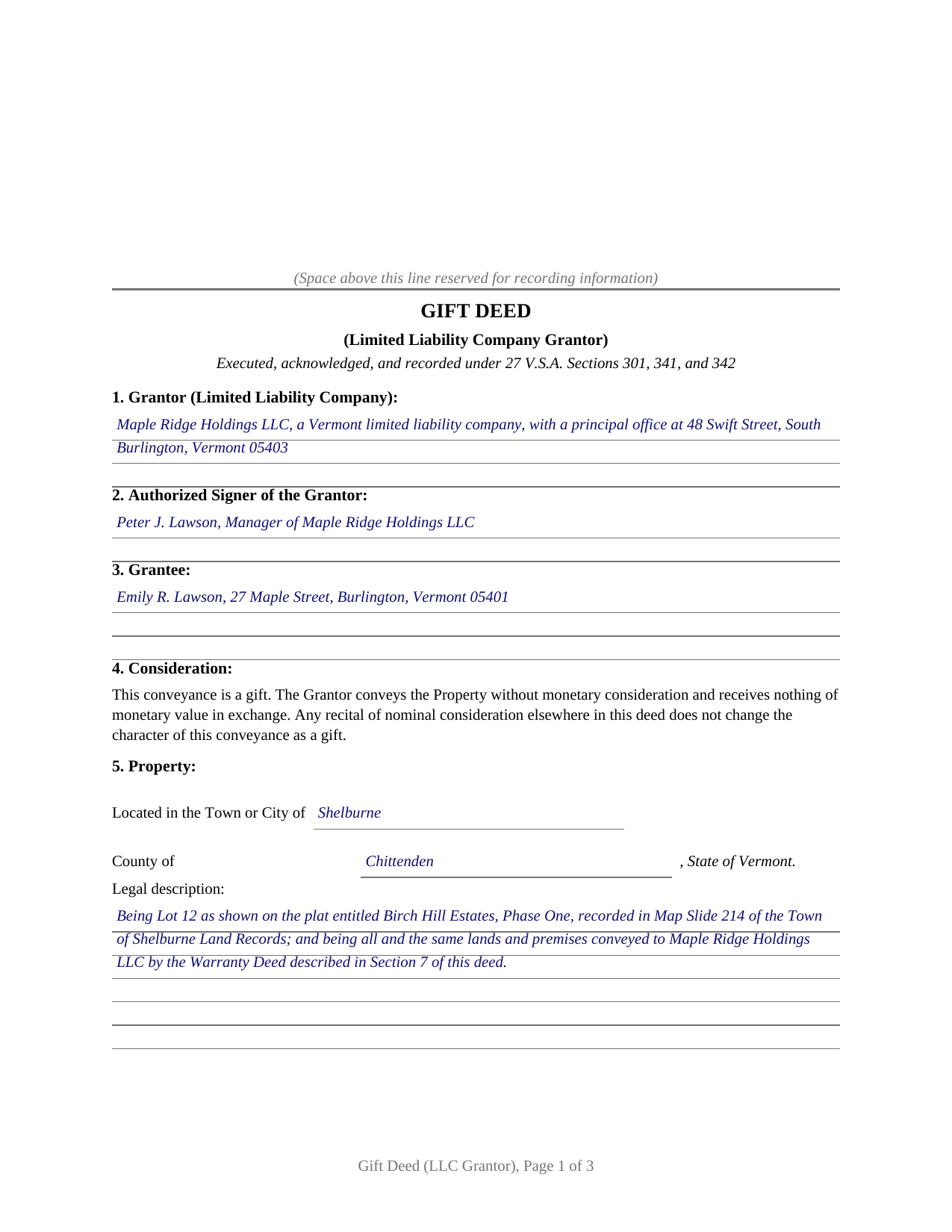 Caledonia County Completed Example of the Gift Deed (LLC Grantor) Document