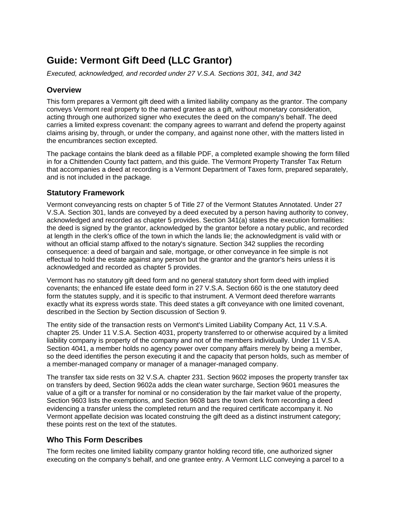Caledonia County Gift Deed (LLC Grantor) Guide