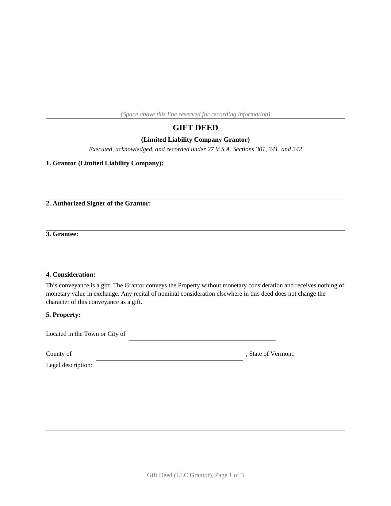 Caledonia County Gift Deed (LLC Grantor) Form