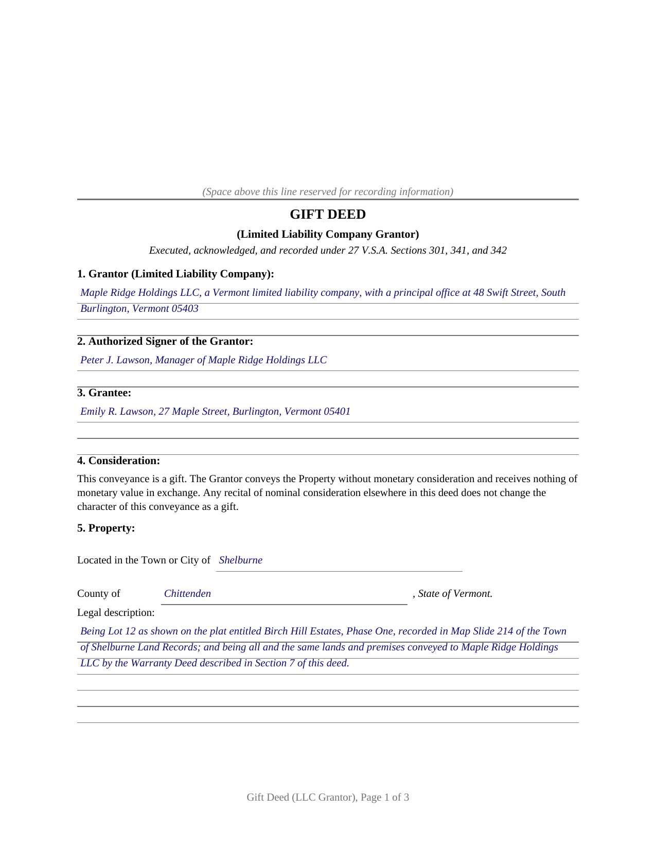 Caledonia County Completed Example of the Gift Deed (LLC Grantor) Document