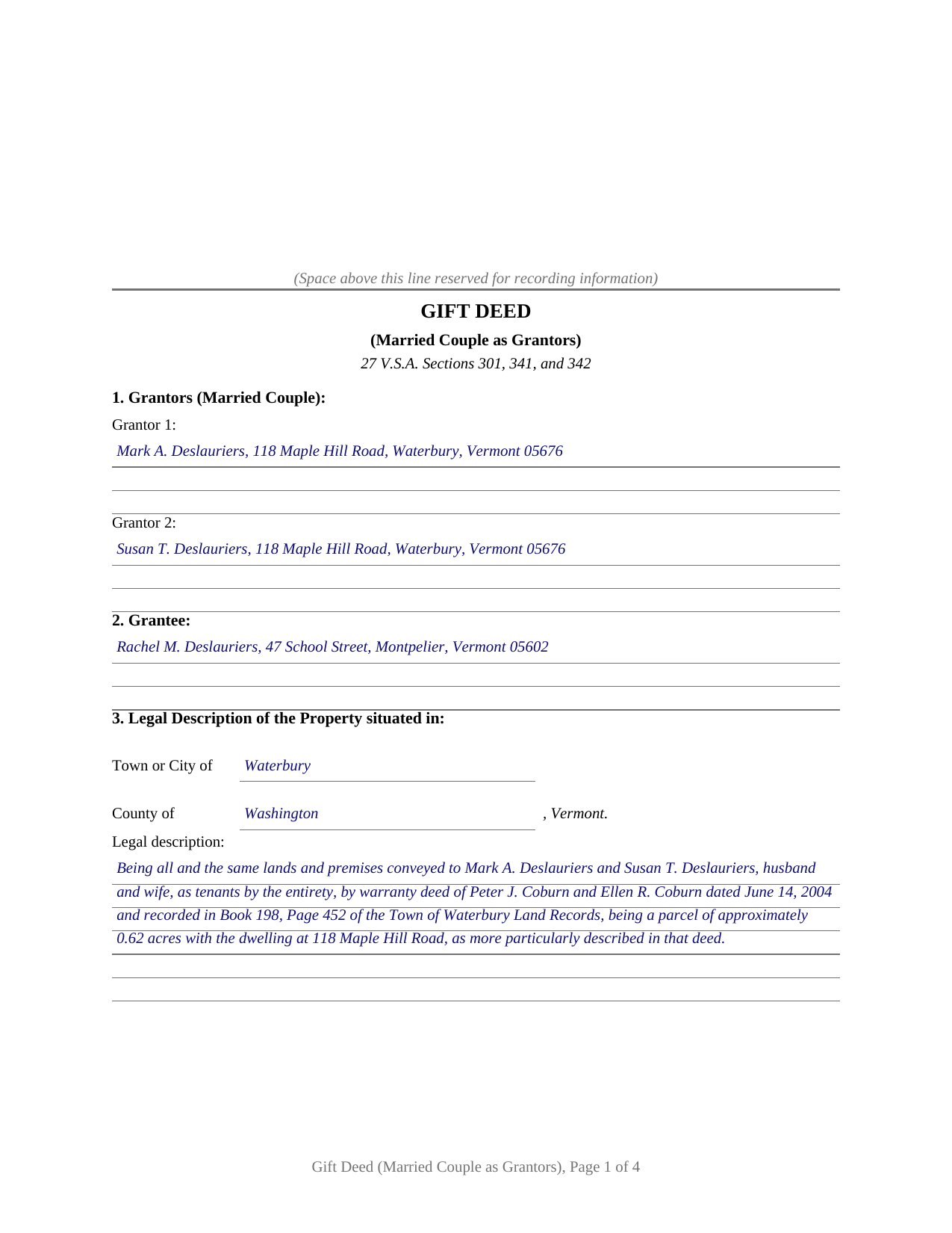 Caledonia County Completed Example of the Gift Deed (Married Couple as Grantors) Document