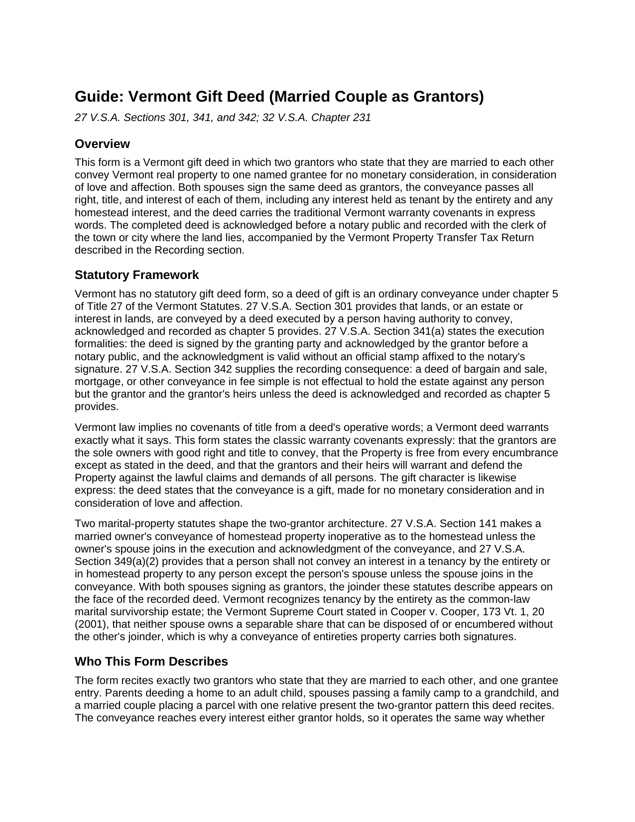 Caledonia County Gift Deed (Married Couple as Grantors) Guide