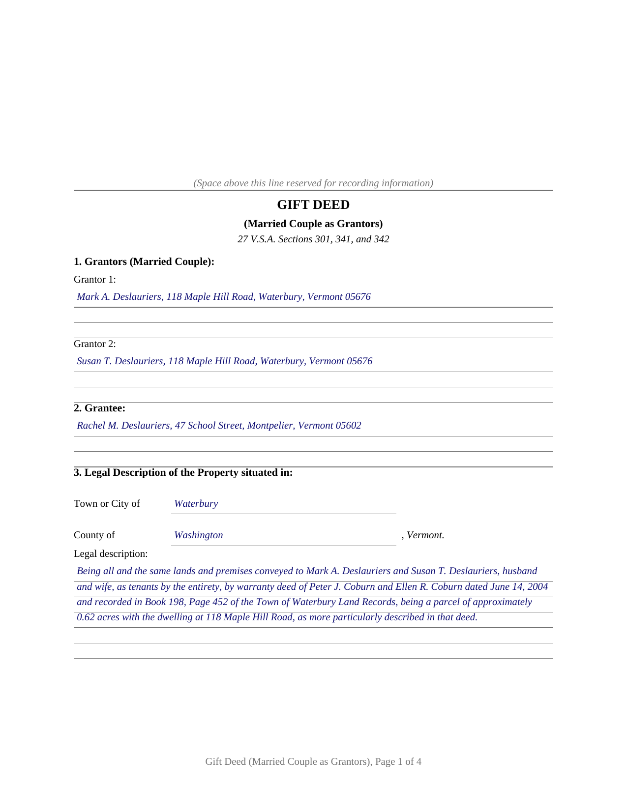Caledonia County Completed Example of the Gift Deed (Married Couple as Grantors) Document