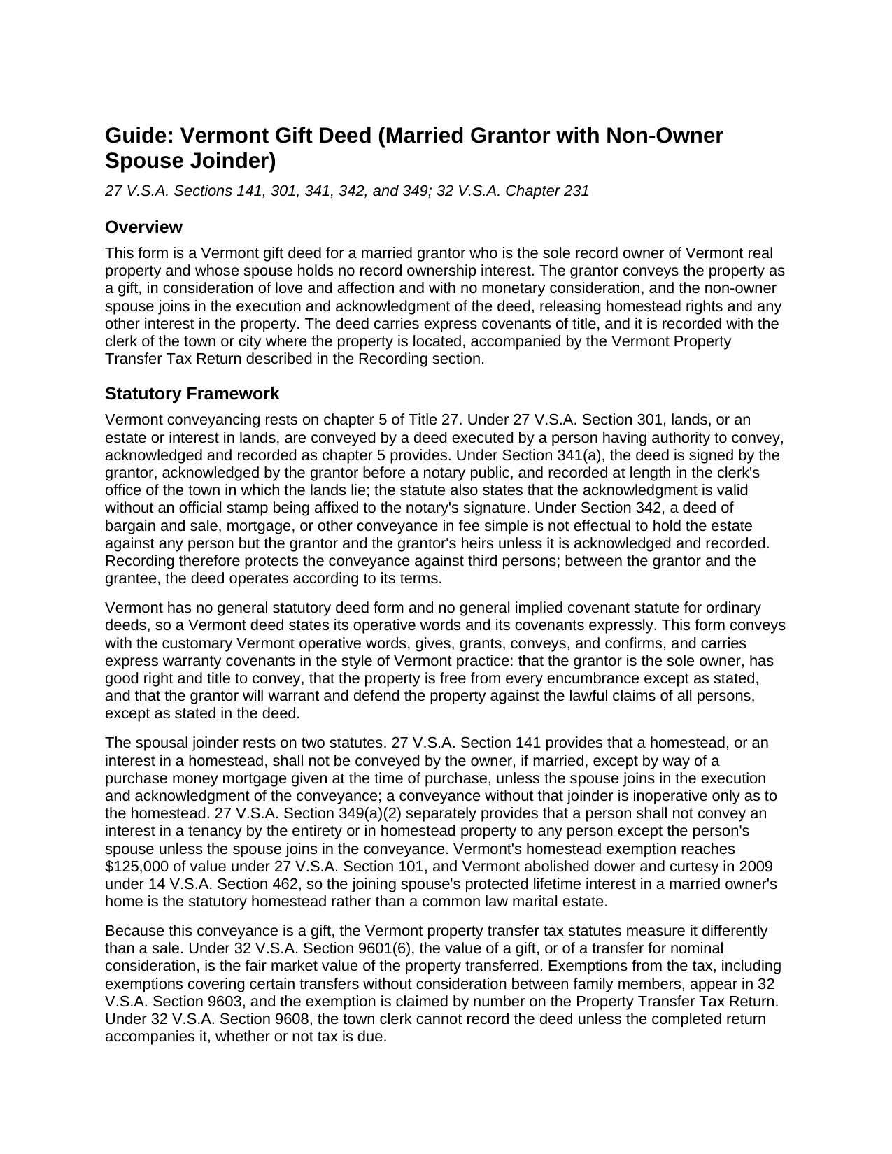 Caledonia County Gift Deed (Married Grantor with Non-Owner Spouse Joinder) Guide