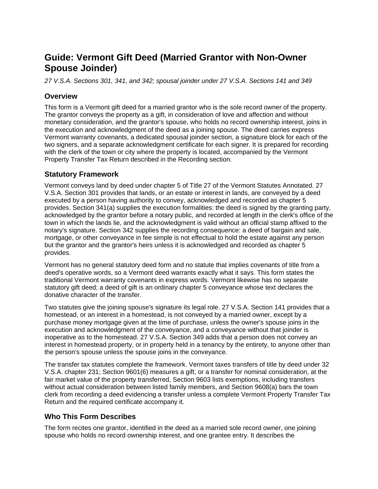 Windham County Gift Deed (Married Grantor with Non-Owner Spouse Joinder) Guide