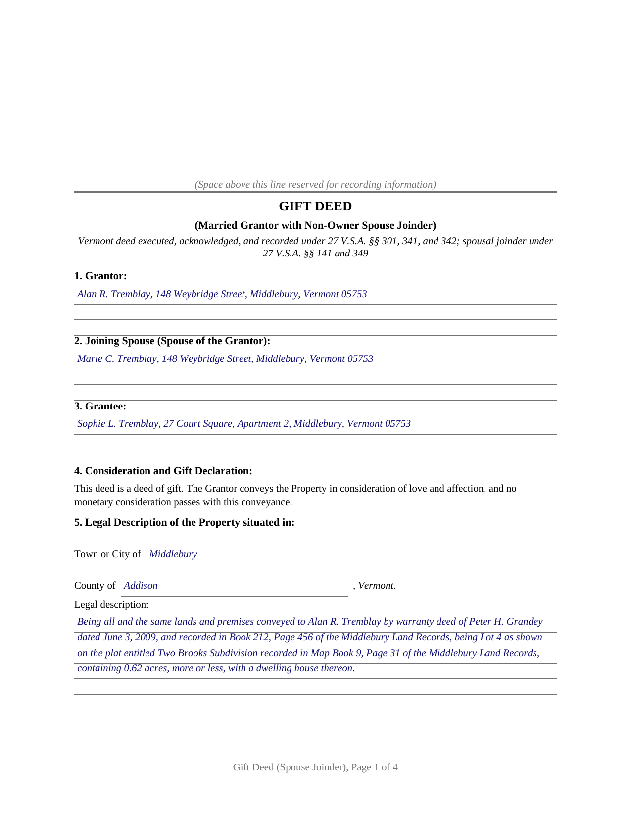 Windham County Completed Example of the Gift Deed (Married Grantor with Non-Owner Spouse Joinder) Document