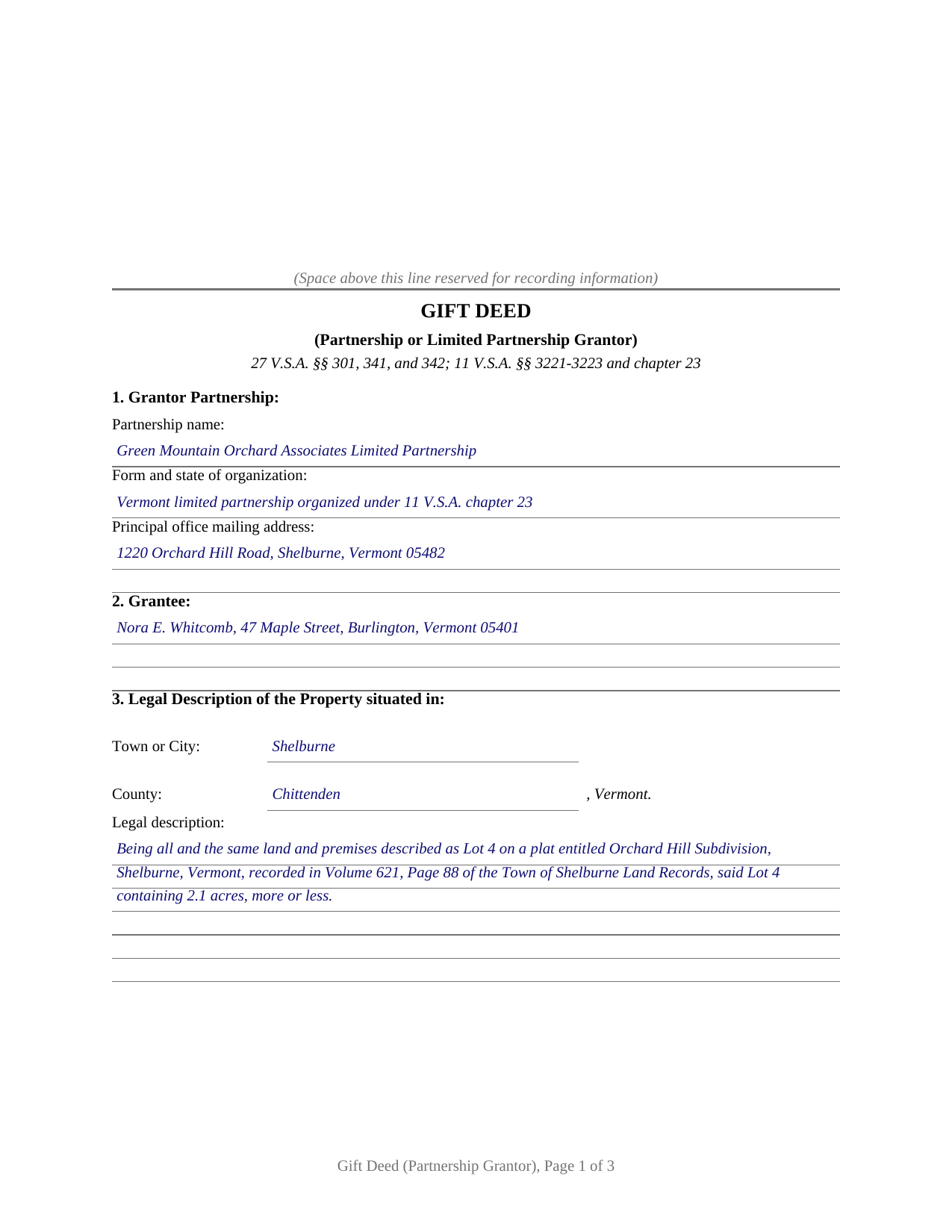Caledonia County Completed Example of the Gift Deed (Partnership or Limited Partnership Grantor) Document