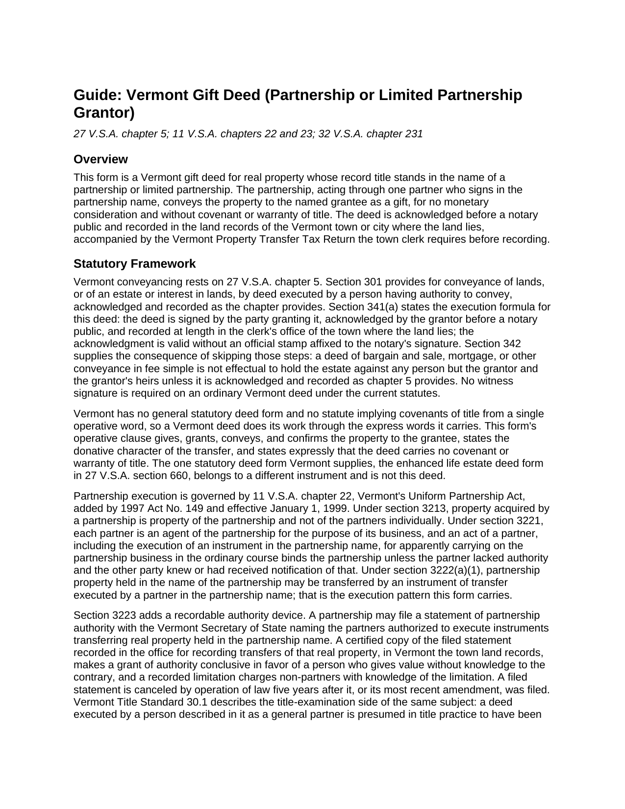 Caledonia County Gift Deed (Partnership or Limited Partnership Grantor) Guide