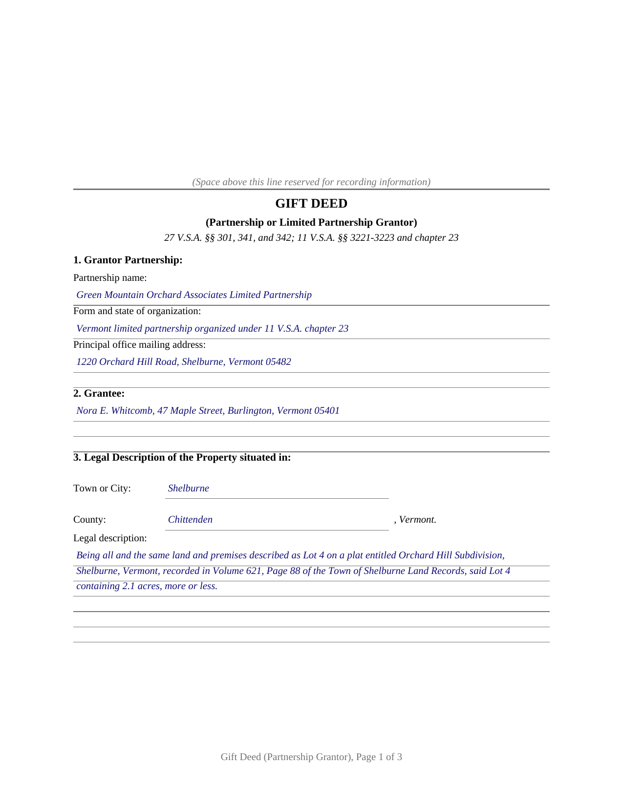 Essex County Completed Example of the Gift Deed (Partnership or Limited Partnership Grantor) Document