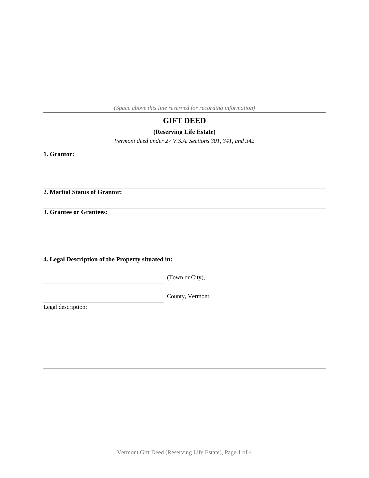 Caledonia County Gift Deed (Reserving Life Estate) Form