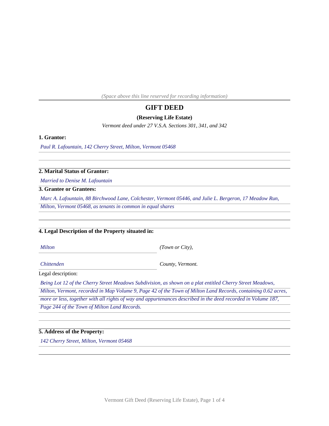 Washington County Completed Example of the Gift Deed (Reserving Life Estate) Document