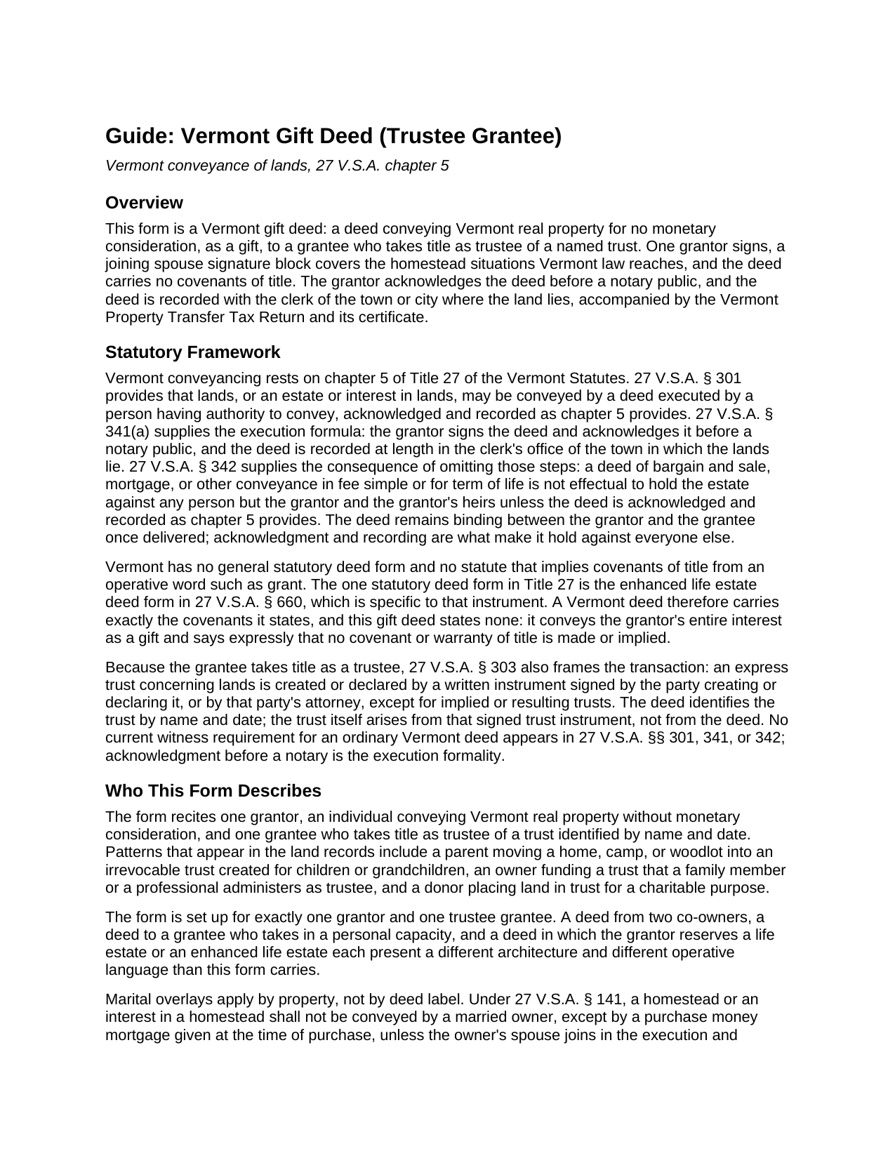 Caledonia County Gift Deed (Trustee Grantee) Guide