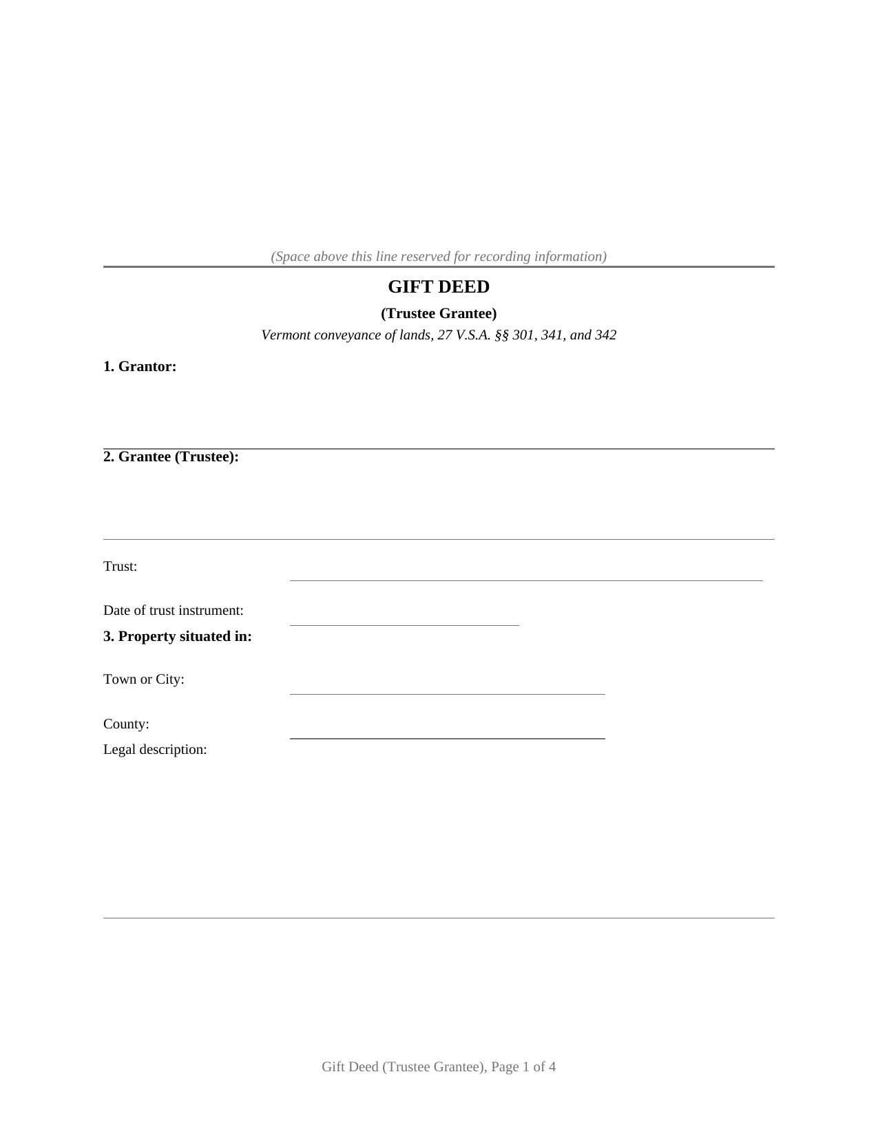 Caledonia County Gift Deed (Trustee Grantee) Form