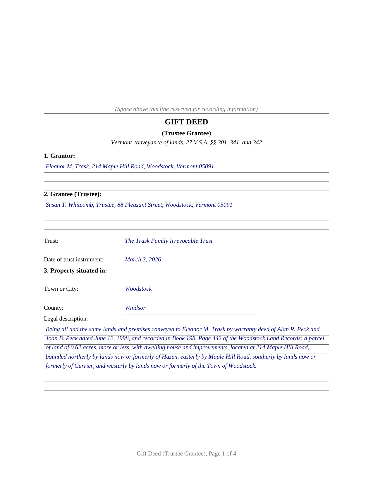 Caledonia County Completed Example of the Gift Deed (Trustee Grantee) Document