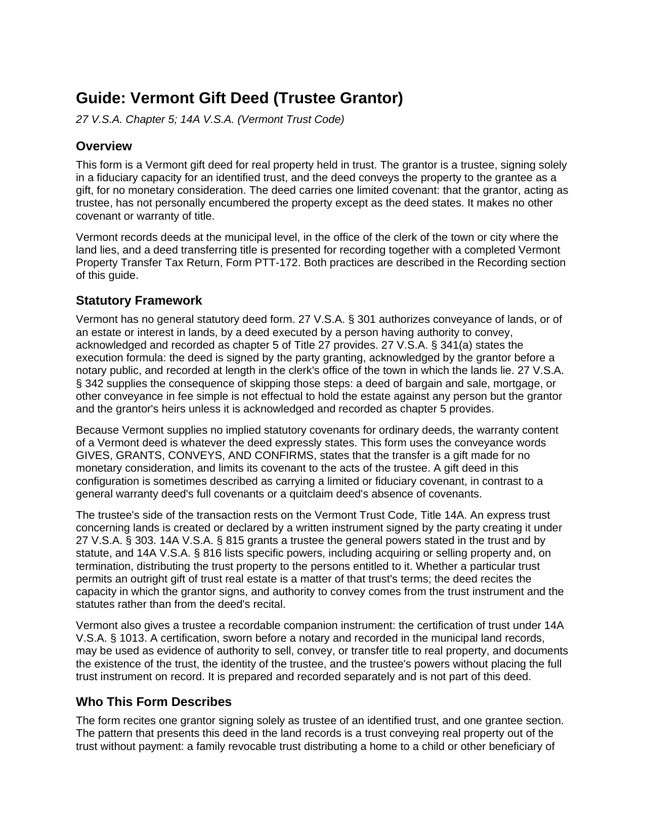 Caledonia County Gift Deed (Trustee Grantor) Guide