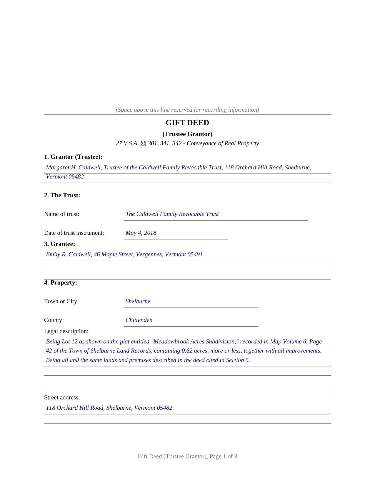 Addison County Completed Example of the Gift Deed (Trustee Grantor) Document