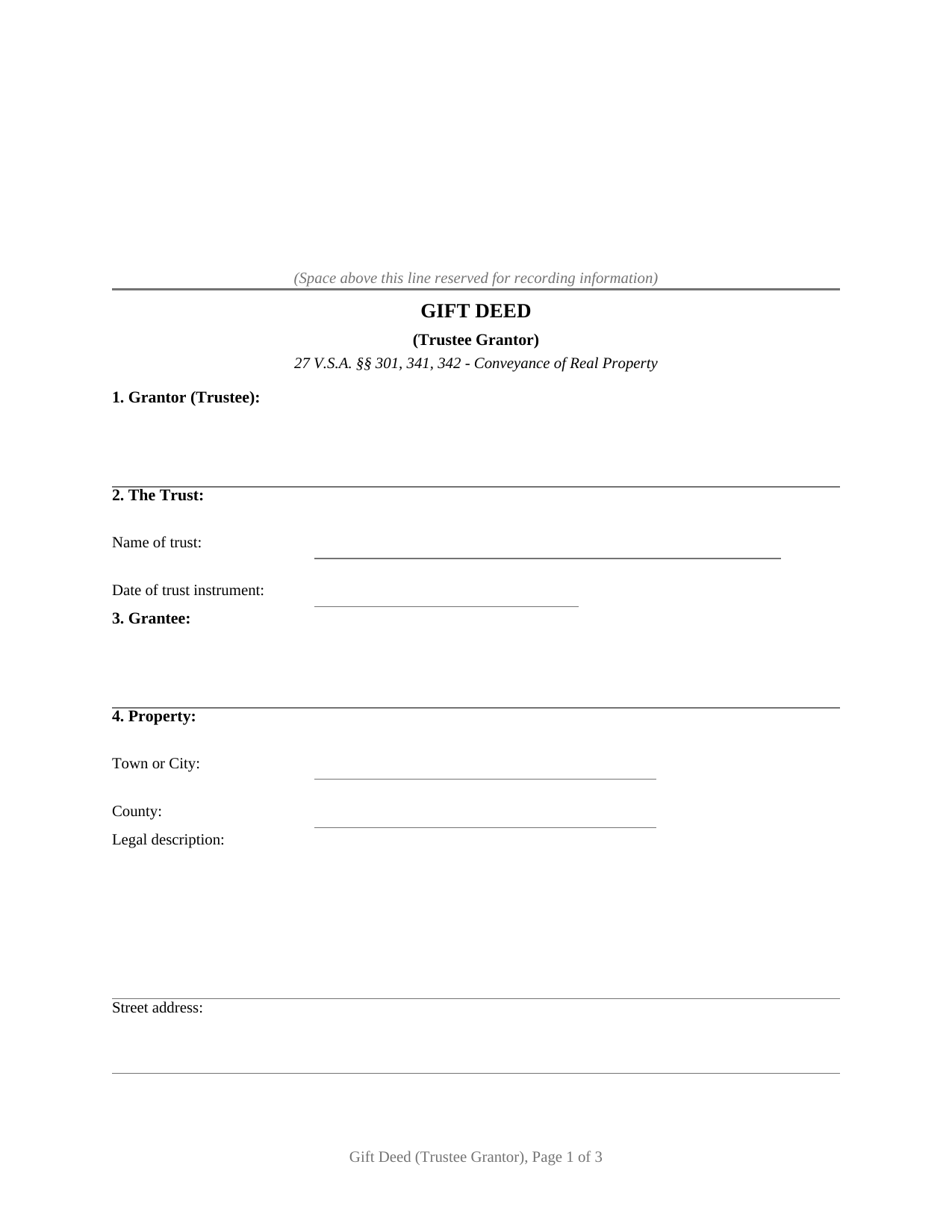 Addison County Gift Deed (Trustee Grantor) Form