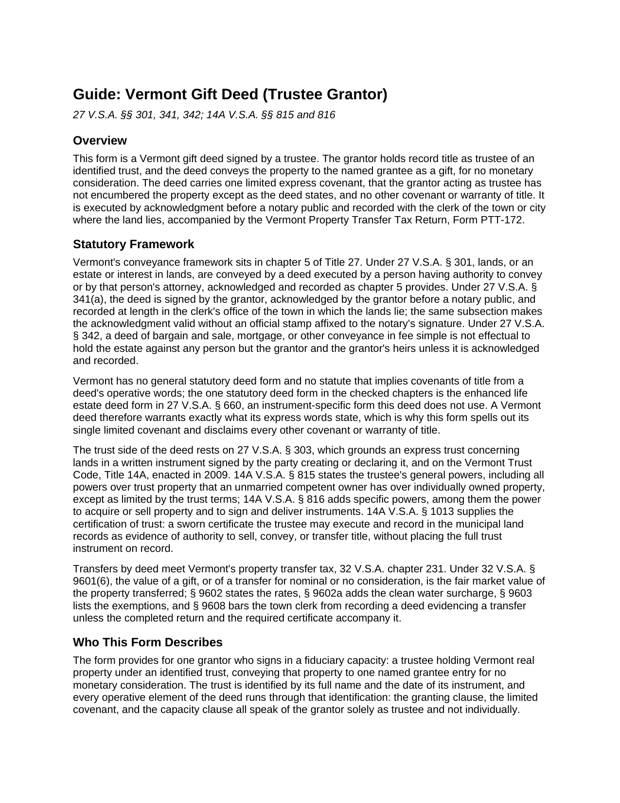 Addison County Gift Deed (Trustee Grantor) Guide