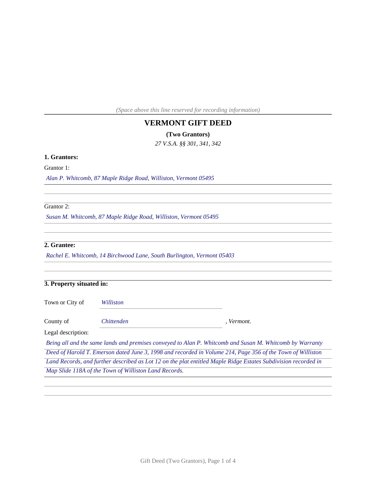 Caledonia County Completed Example of the Gift Deed (Two Grantors) Document