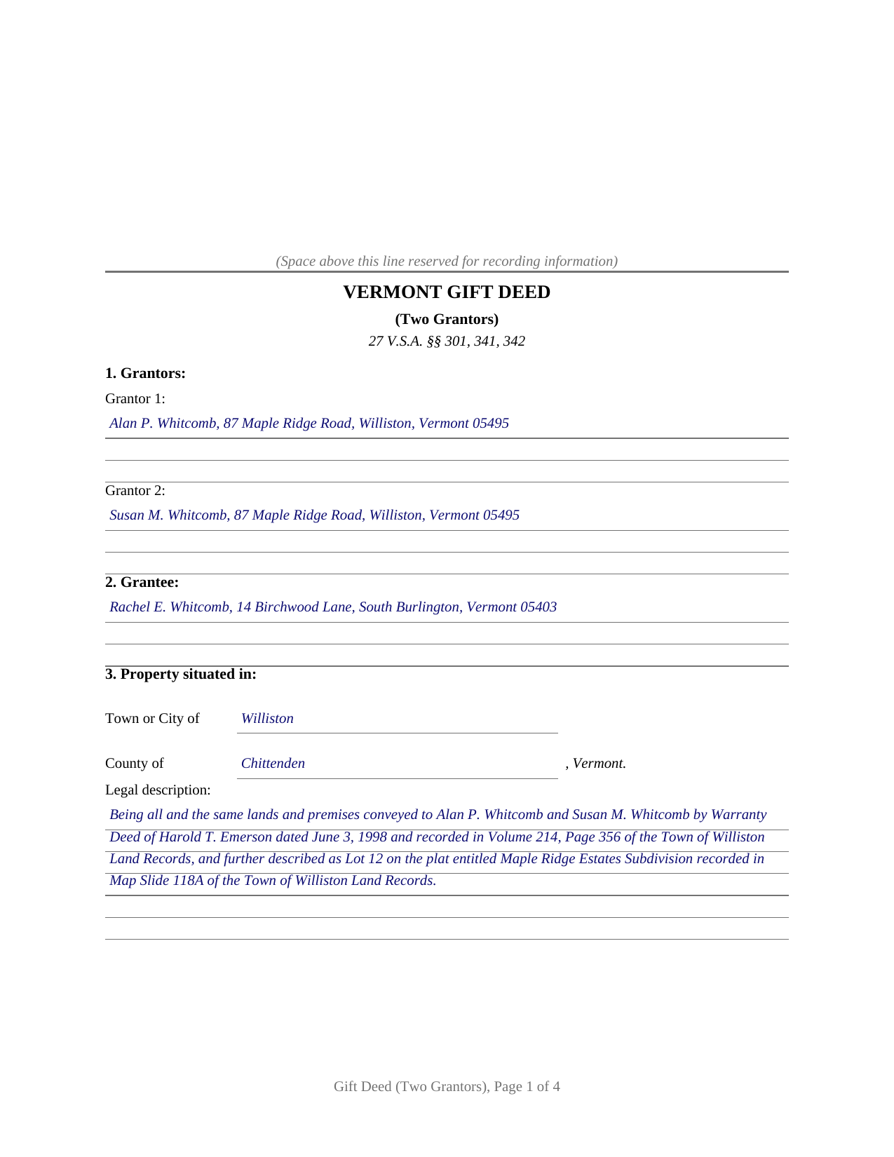 Caledonia County Completed Example of the Gift Deed (Two Grantors) Document