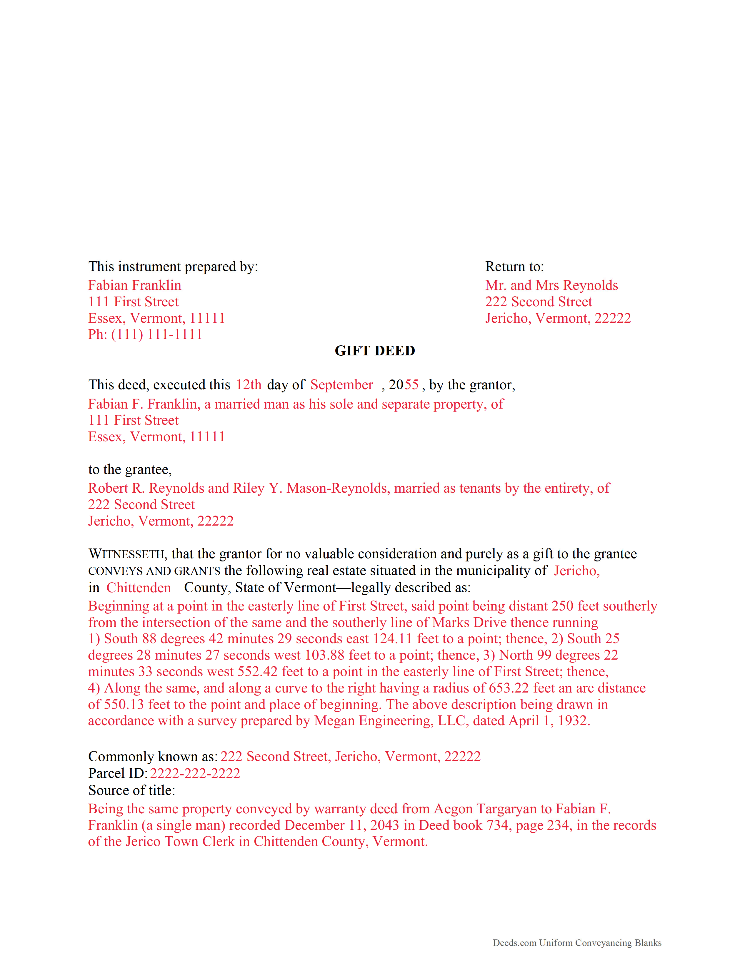 Completed Example of the Gift Deed Document