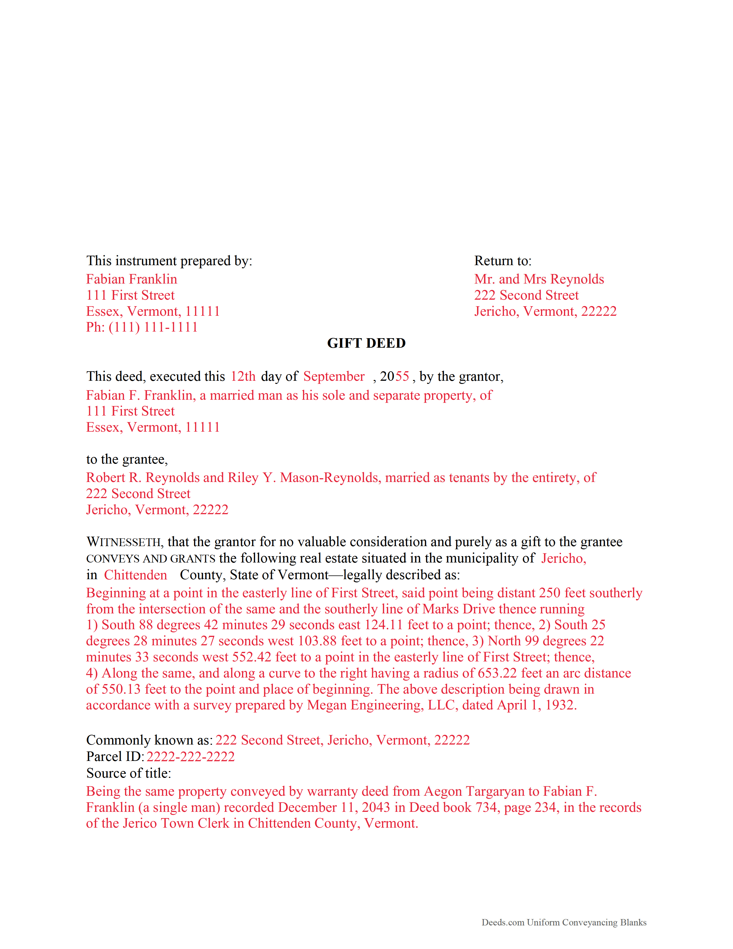 Addison County Completed Example of the Gift Deed Document