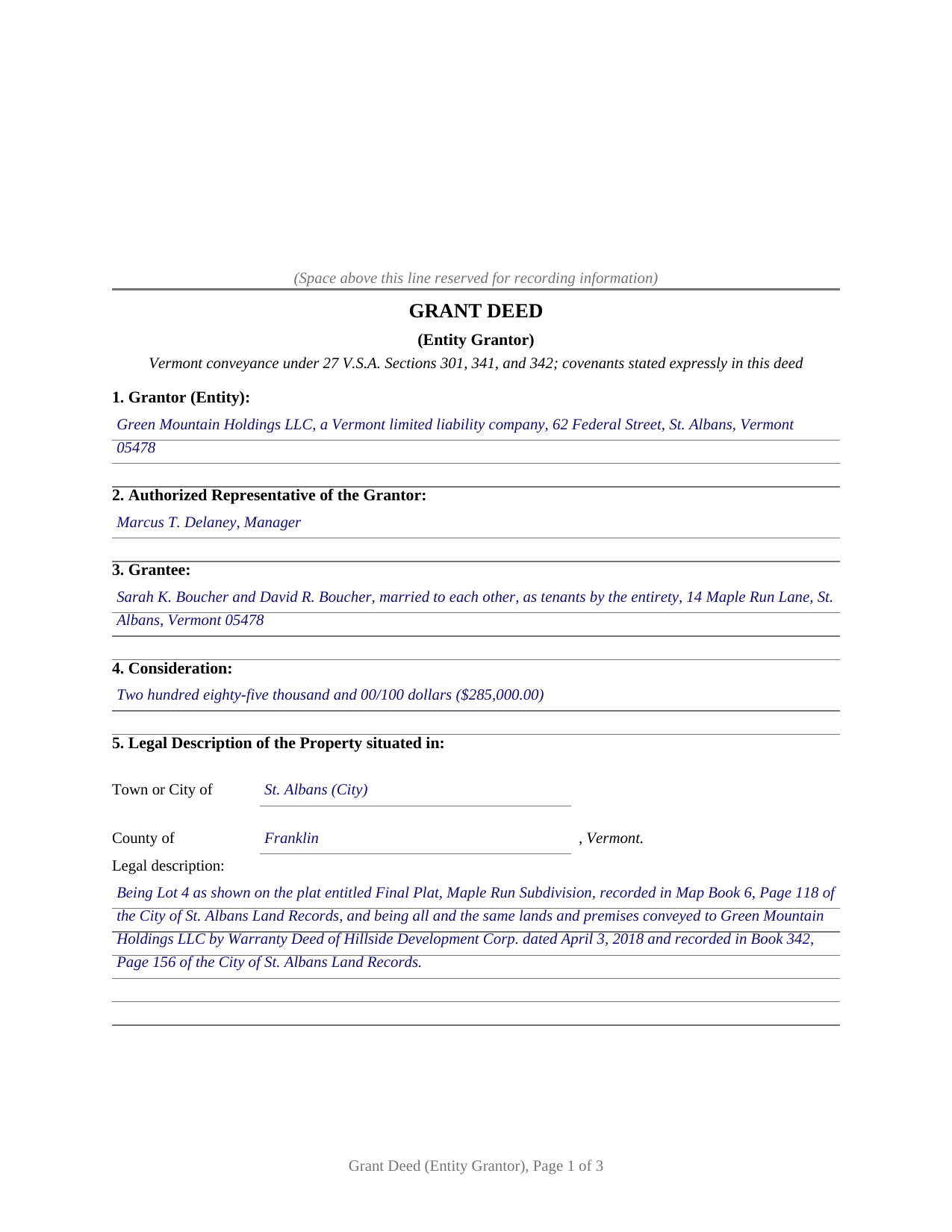 Caledonia County Completed Example of the Grant Deed (Entity Grantor) Document