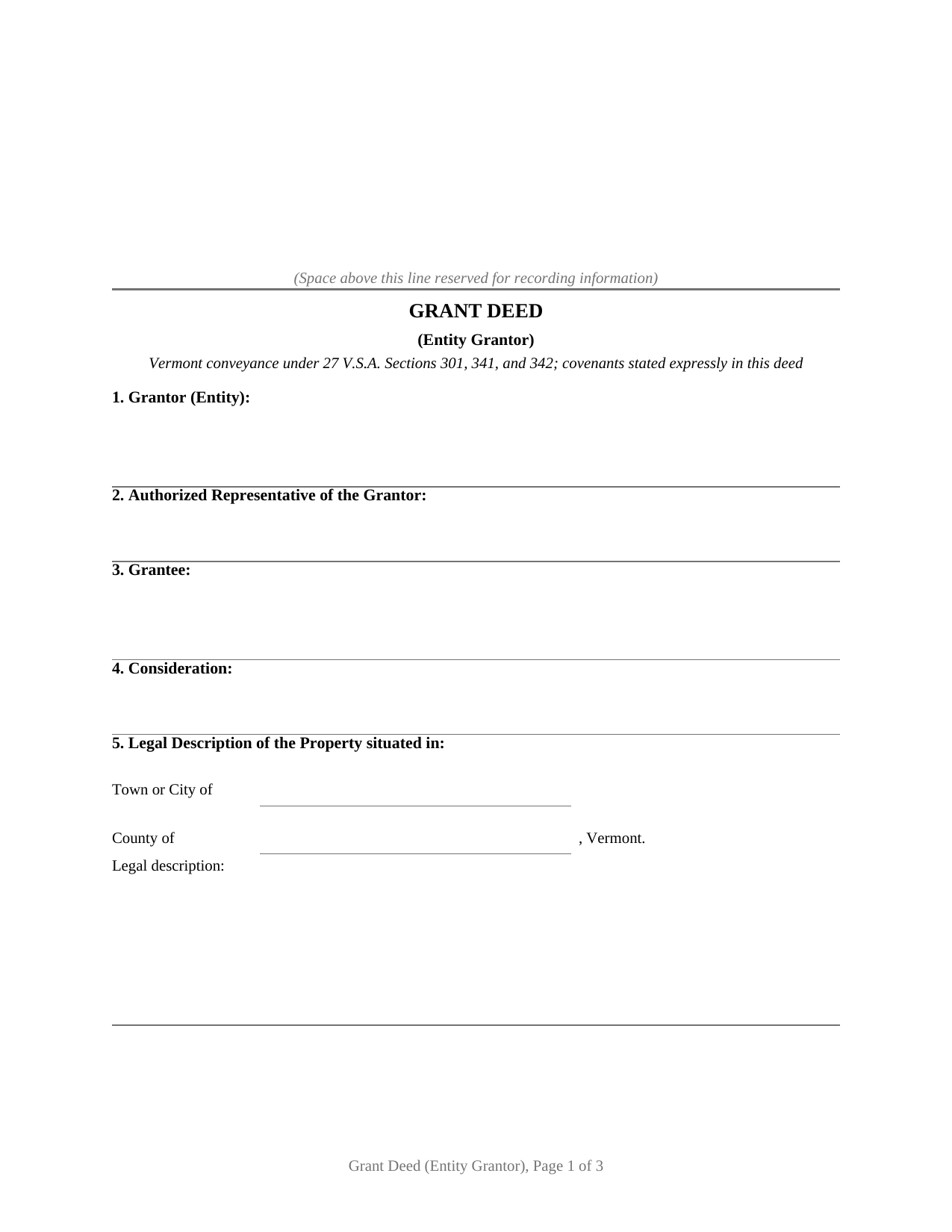 Caledonia County Grant Deed (Entity Grantor) Form