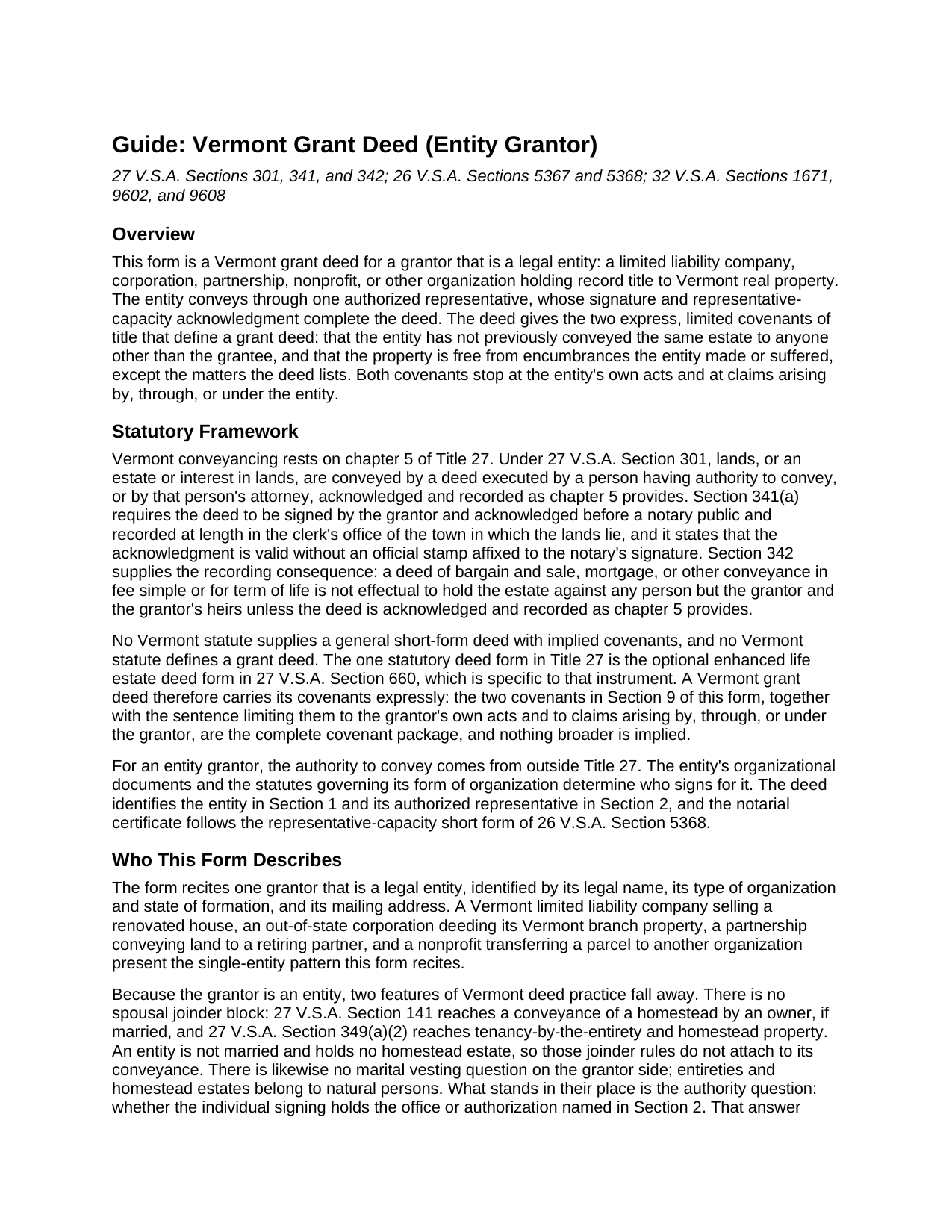 Caledonia County Grant Deed (Entity Grantor) Guide