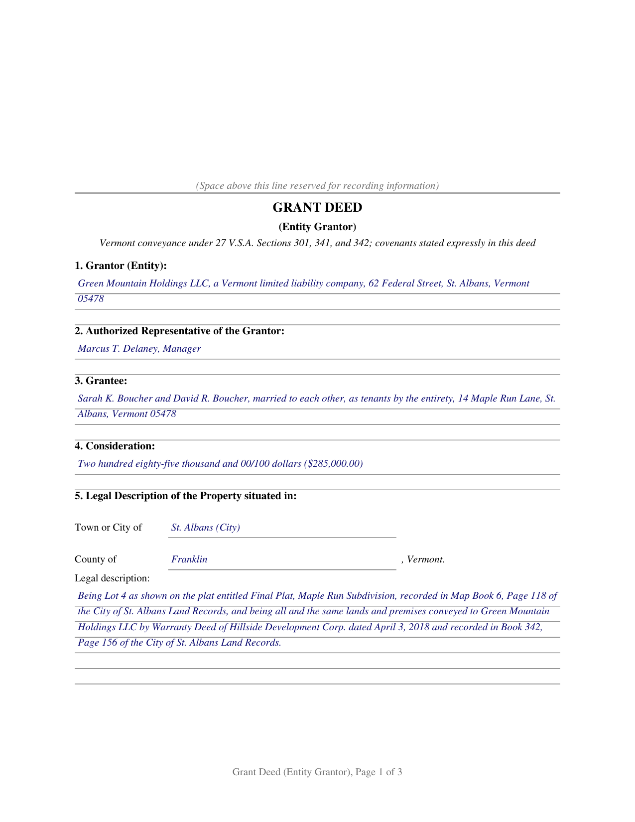 Orange County Completed Example of the Grant Deed (Entity Grantor) Document