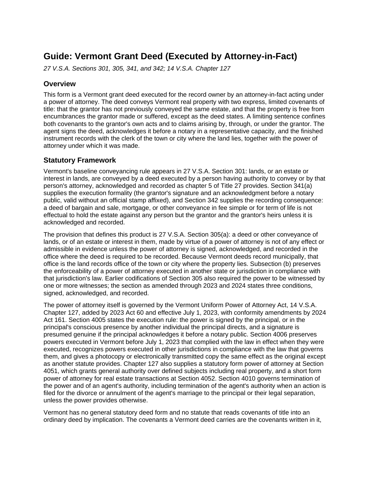 Caledonia County Grant Deed (Executed by Attorney-in-Fact) Guide