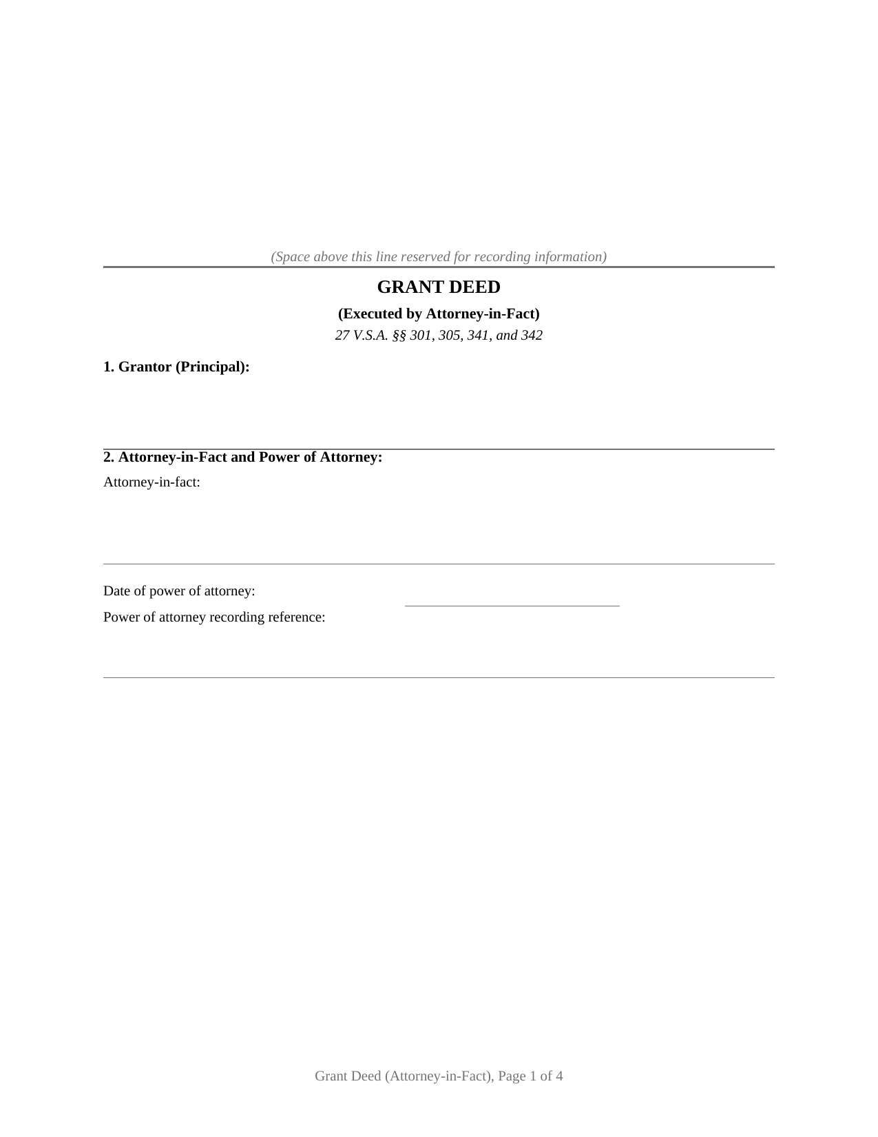 Caledonia County Grant Deed (Executed by Attorney-in-Fact) Form