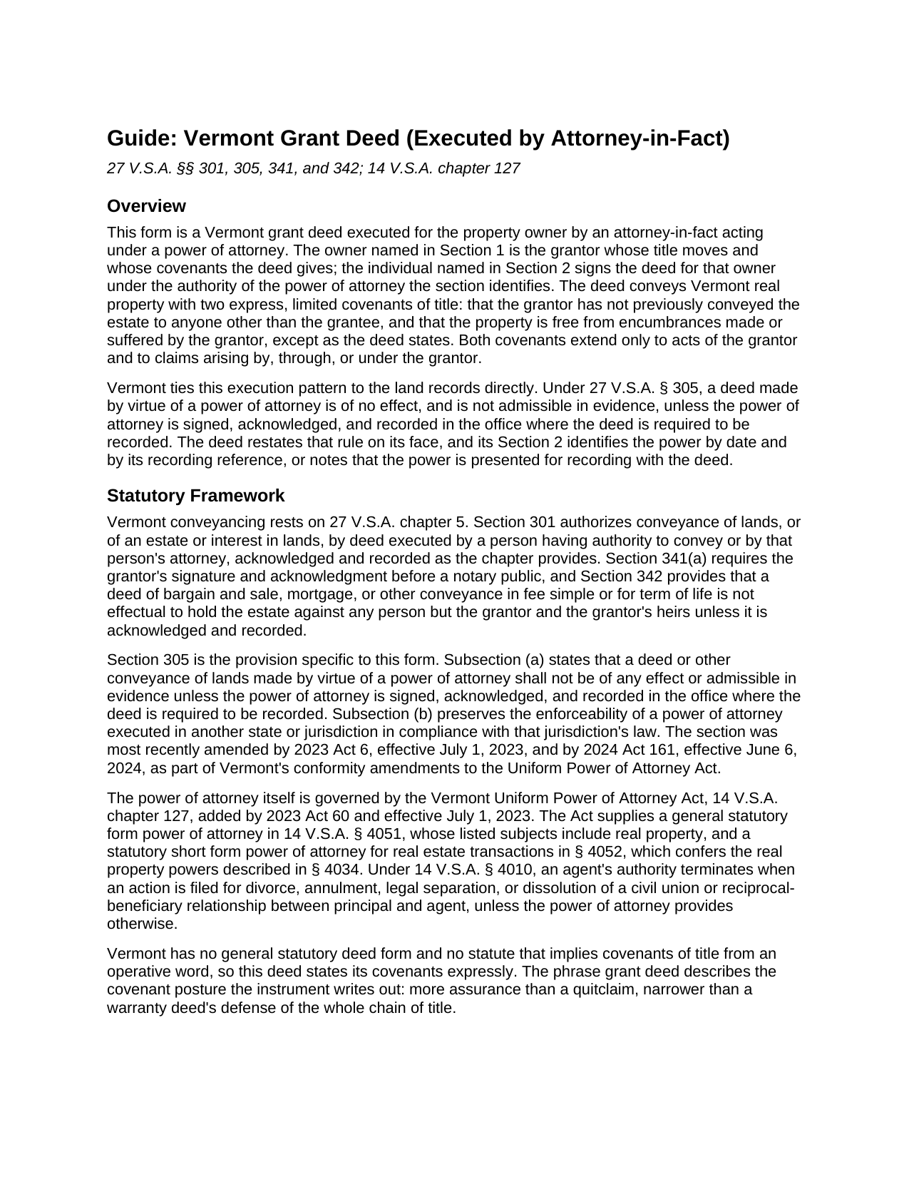 Rutland County Grant Deed (Executed by Attorney-in-Fact) Guide