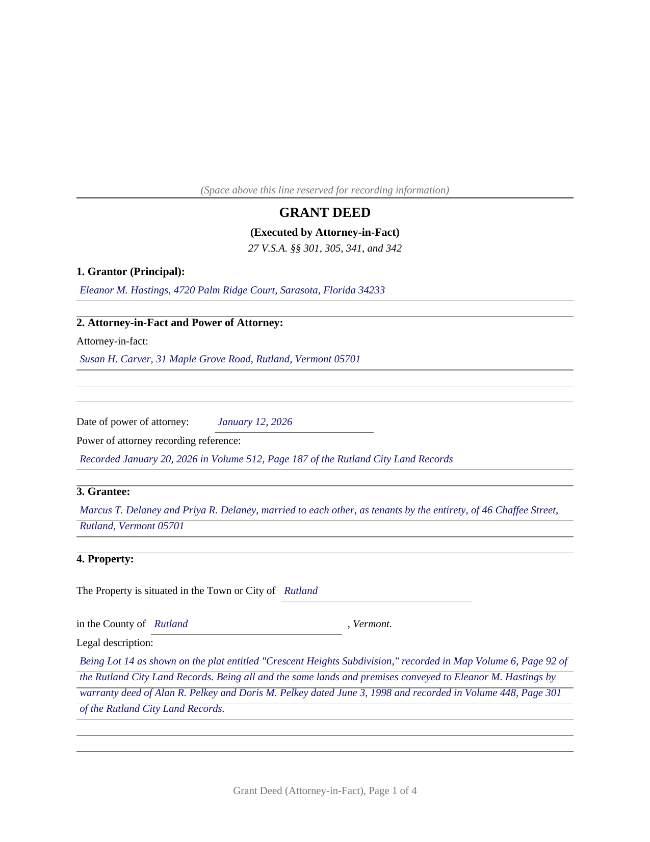Rutland County Completed Example of the Grant Deed (Executed by Attorney-in-Fact) Document