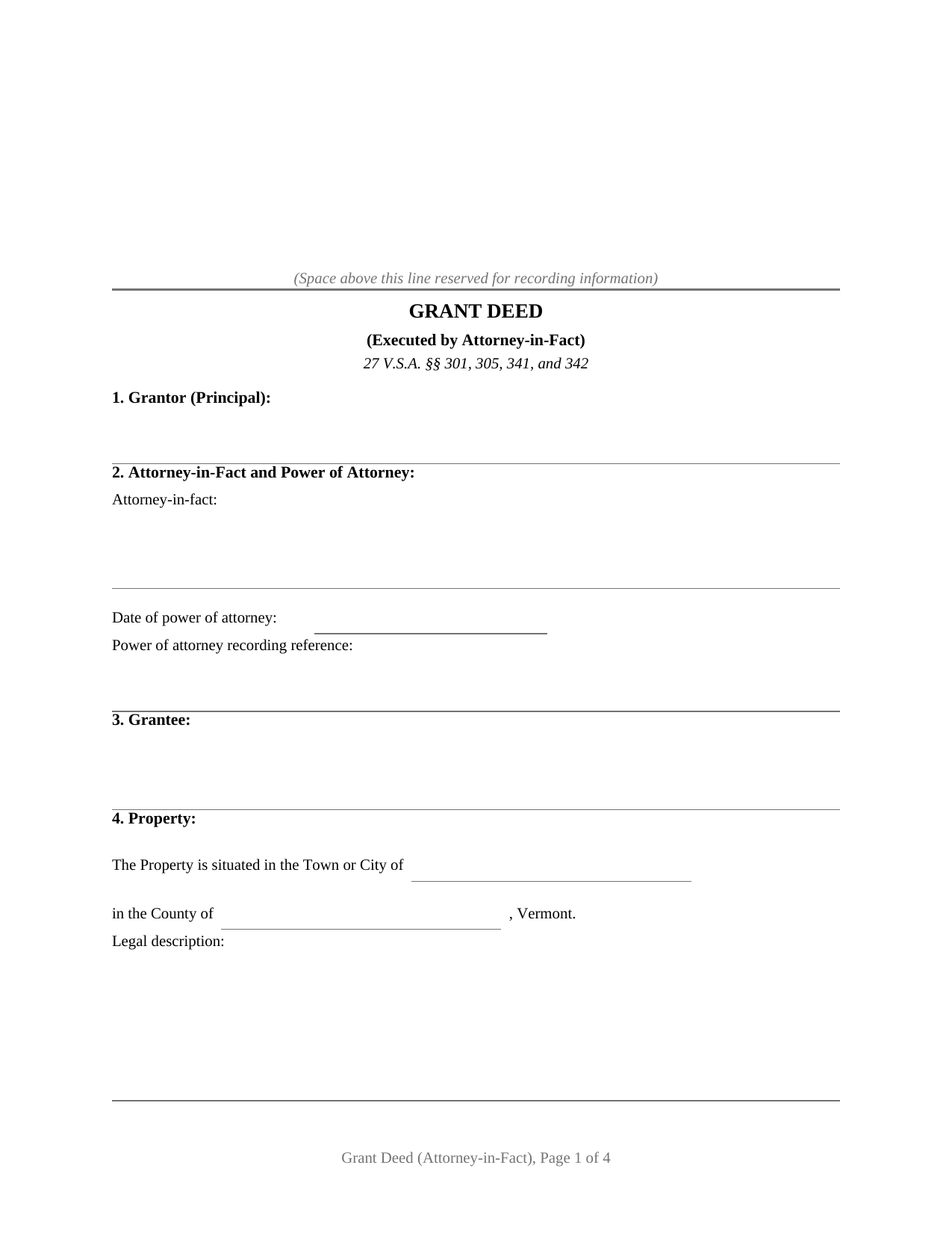 Rutland County Grant Deed (Executed by Attorney-in-Fact) Form