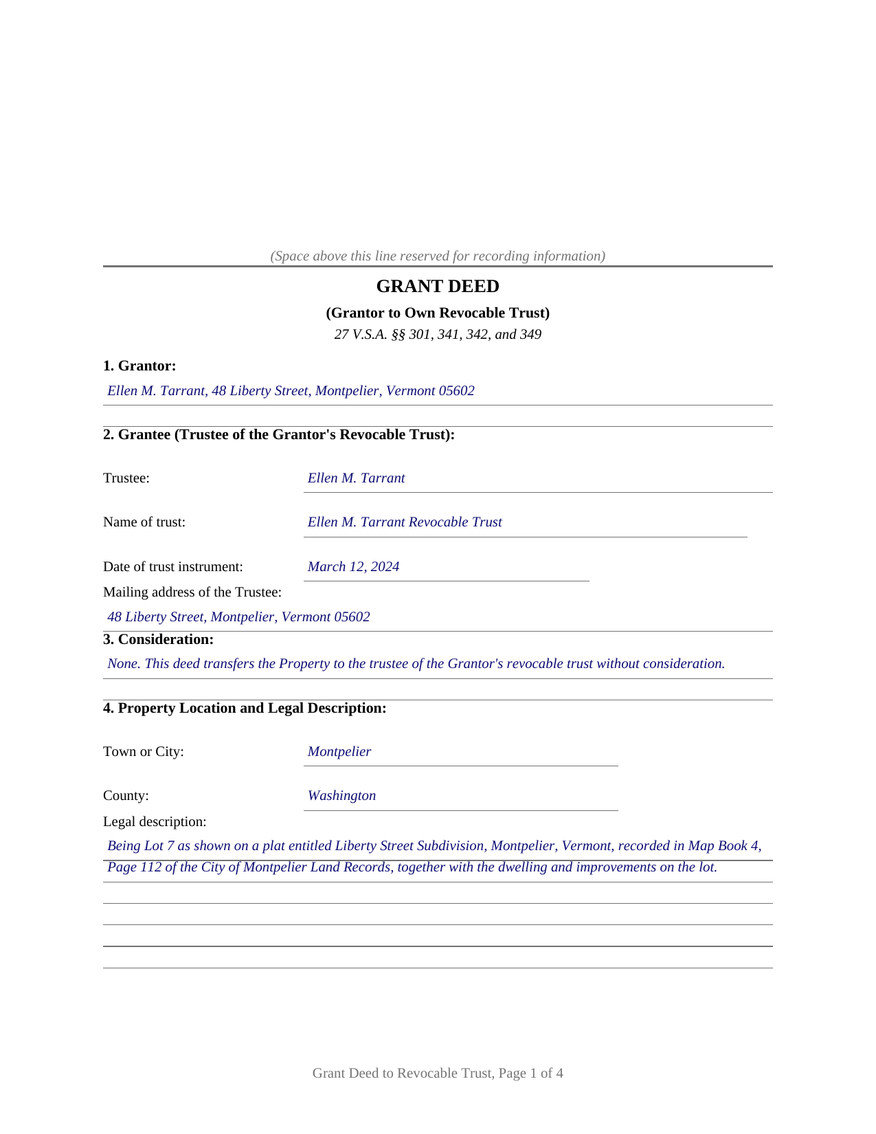 Caledonia County Completed Example of the Grant Deed (Grantor to Own Revocable Trust) Document