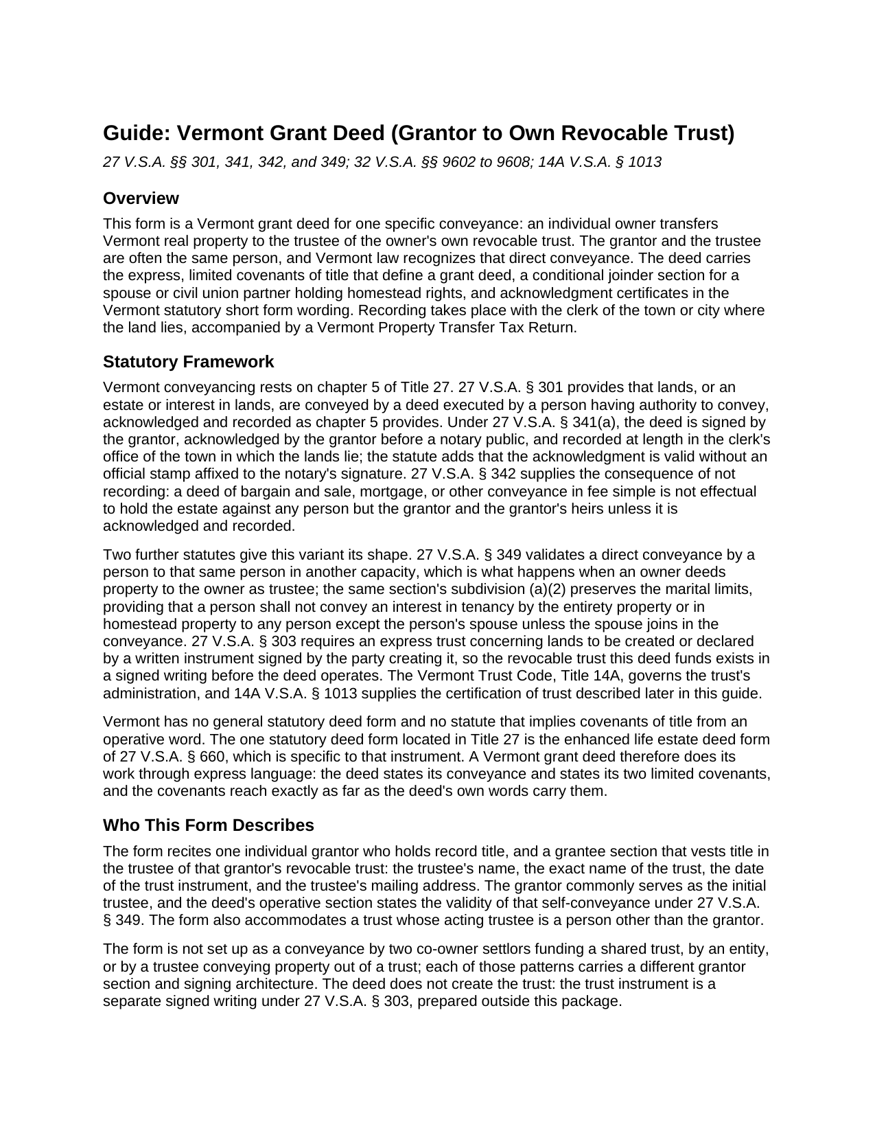 Caledonia County Grant Deed (Grantor to Own Revocable Trust) Guide