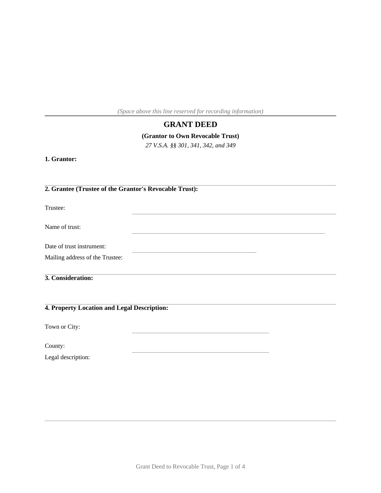 Caledonia County Grant Deed (Grantor to Own Revocable Trust) Form