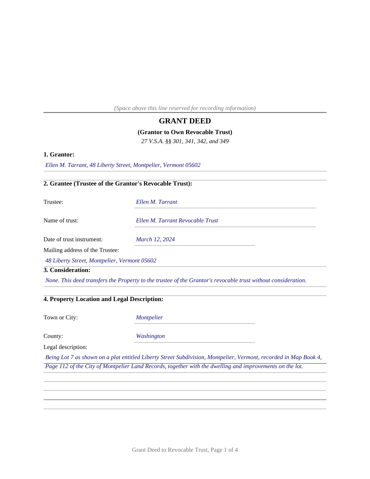 Orange County Completed Example of the Grant Deed (Grantor to Own Revocable Trust) Document