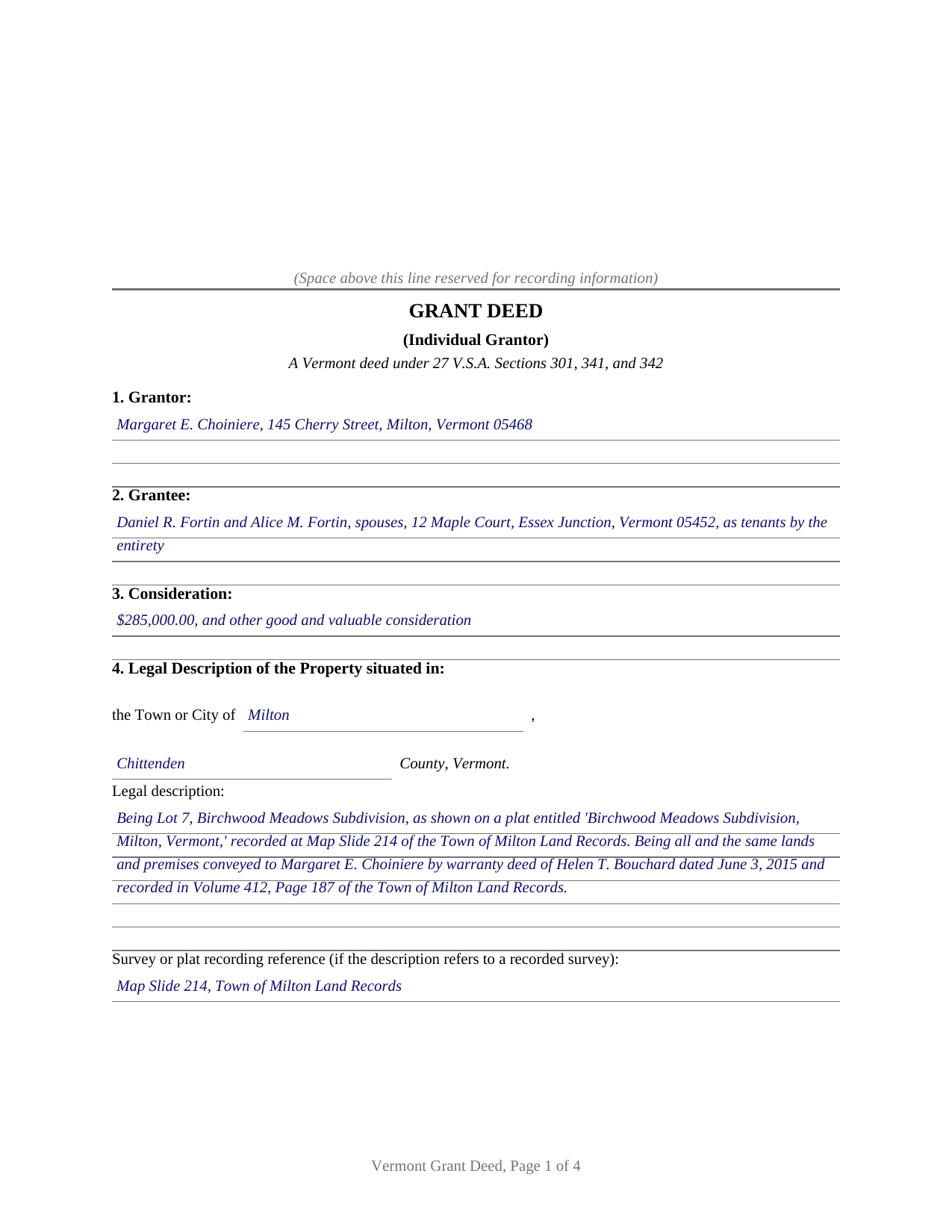Caledonia County Completed Example of the Grant Deed (Individual Grantor) Document