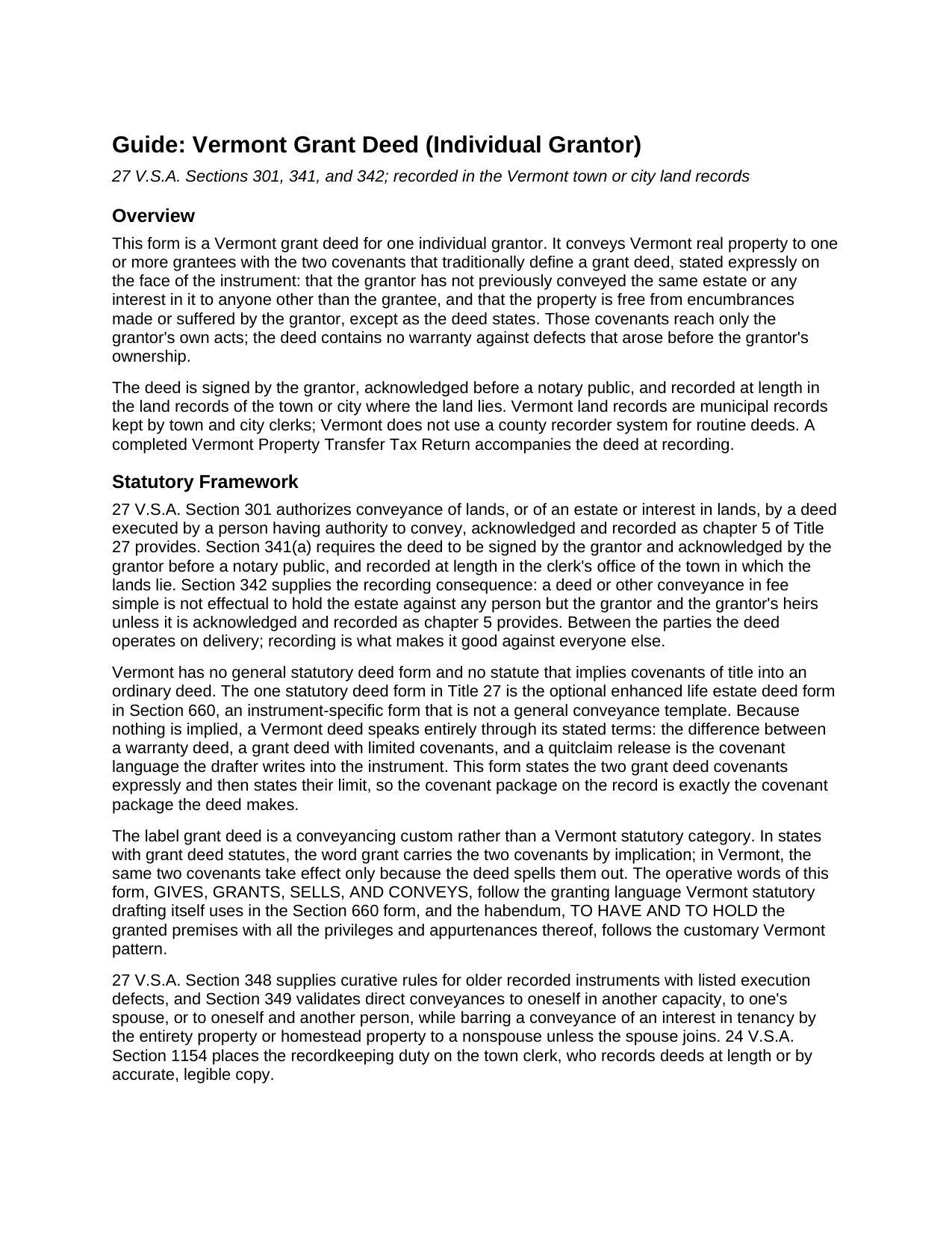 Caledonia County Grant Deed (Individual Grantor) Guide