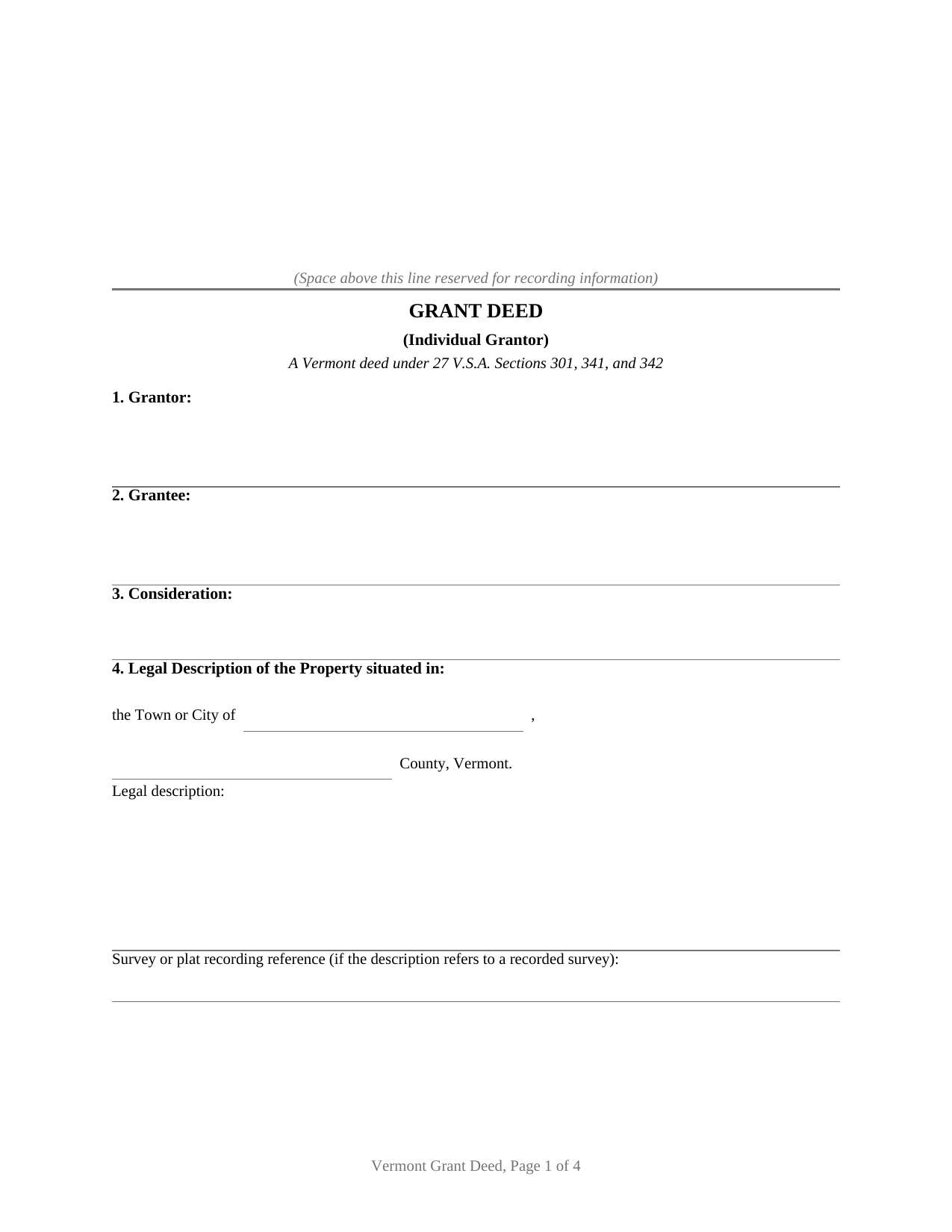 Caledonia County Grant Deed (Individual Grantor) Form