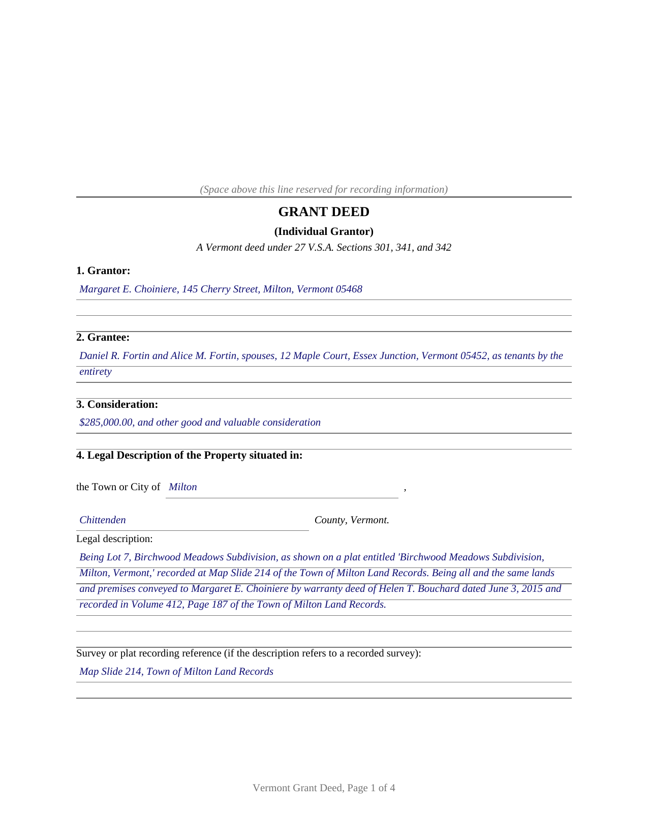 Essex County Completed Example of the Grant Deed (Individual Grantor) Document