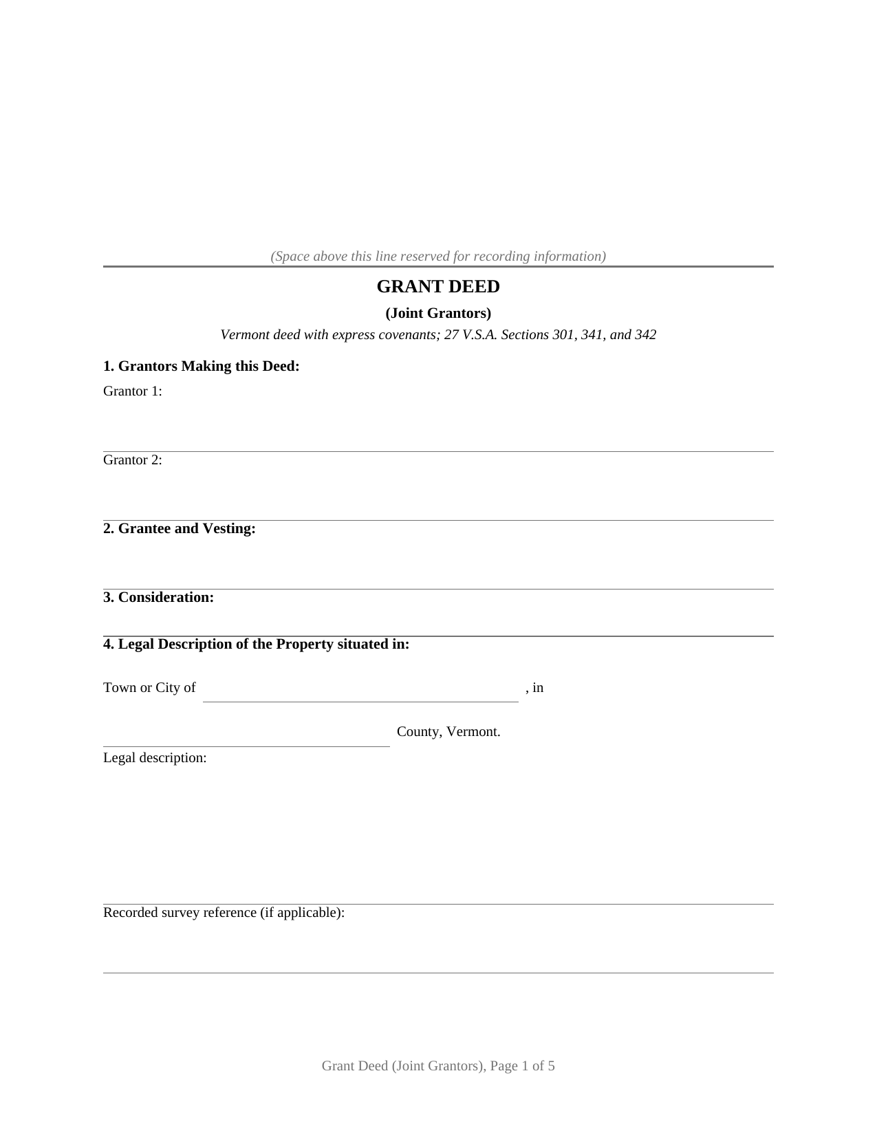 Chittenden County Grant Deed (Joint Grantors) Form