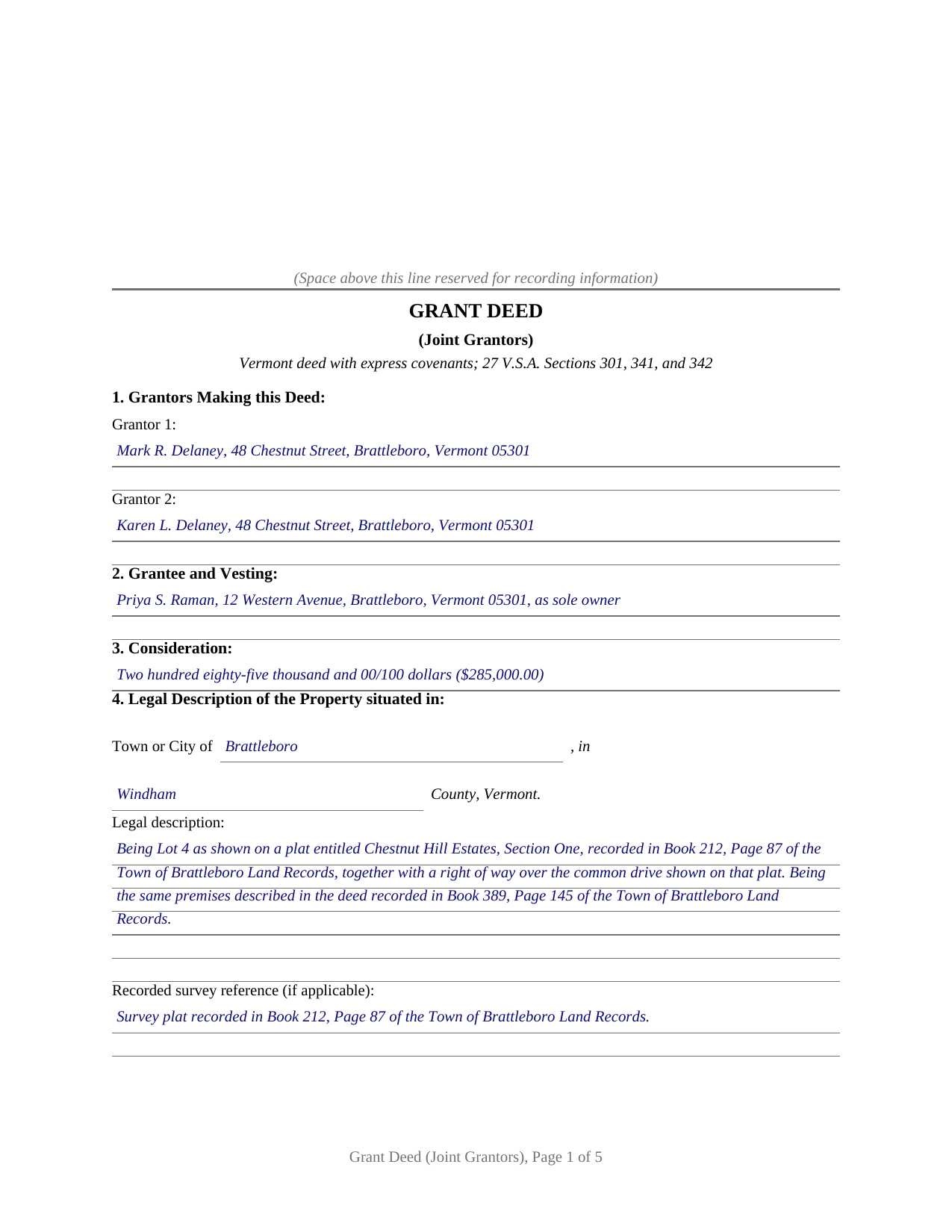 Chittenden County Completed Example of the Grant Deed (Joint Grantors) Document