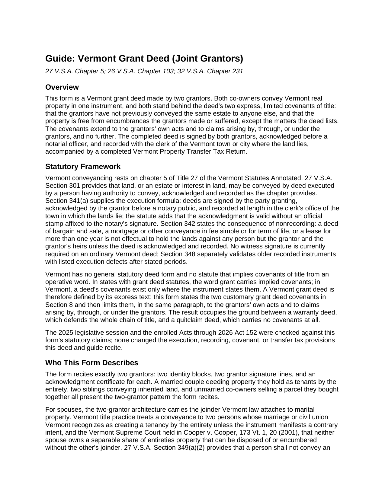 Chittenden County Grant Deed (Joint Grantors) Guide