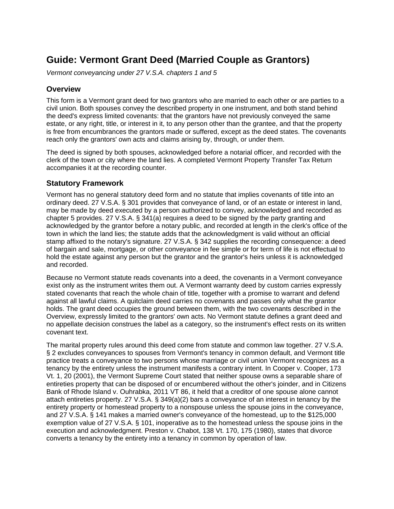 Caledonia County Grant Deed (Married Couple as Grantors) Guide