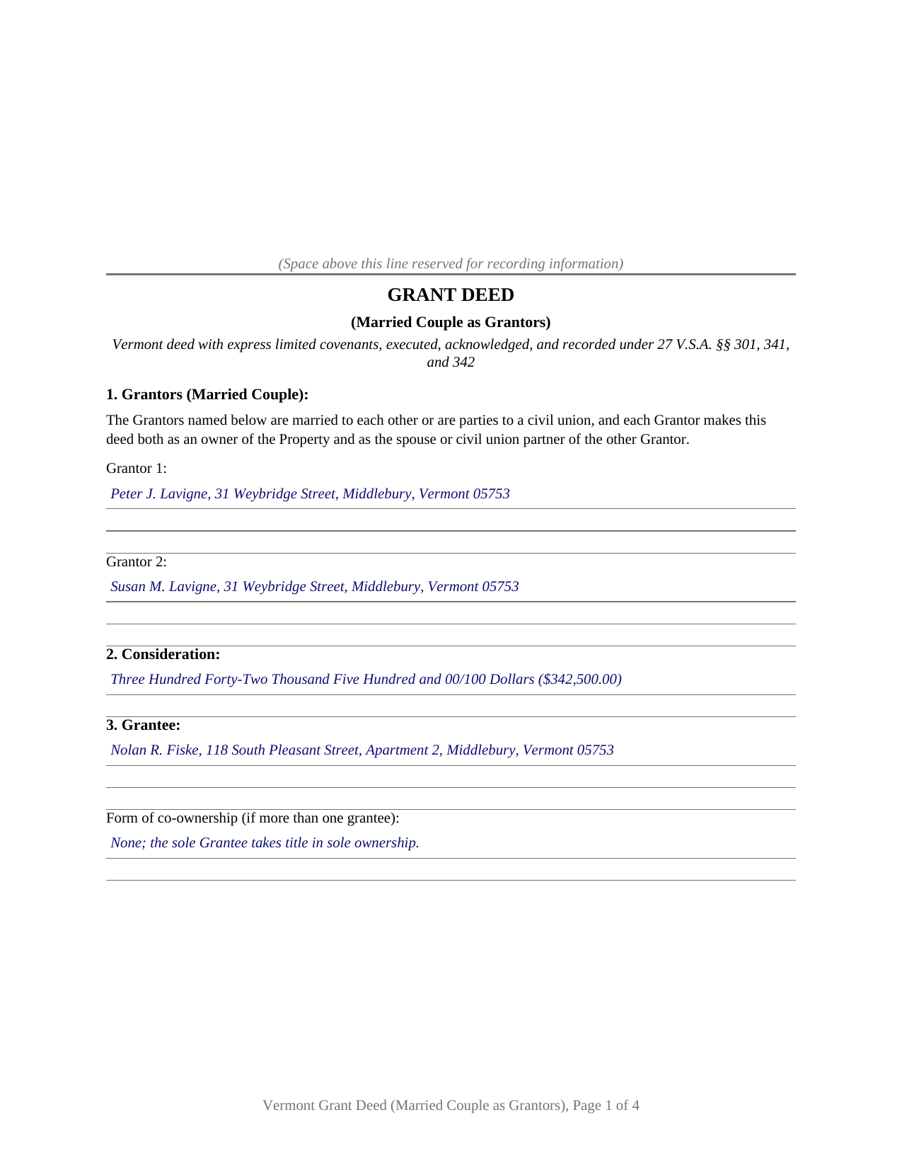 Caledonia County Completed Example of the Grant Deed (Married Couple as Grantors) Document