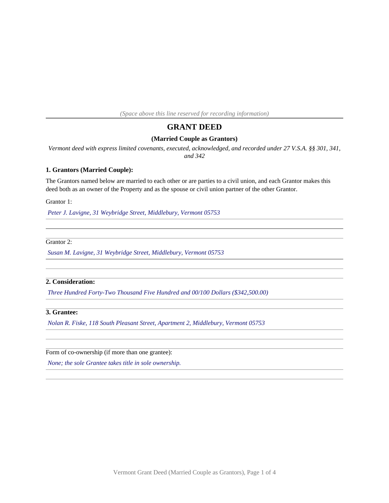 Franklin County Completed Example of the Grant Deed (Married Couple as Grantors) Document